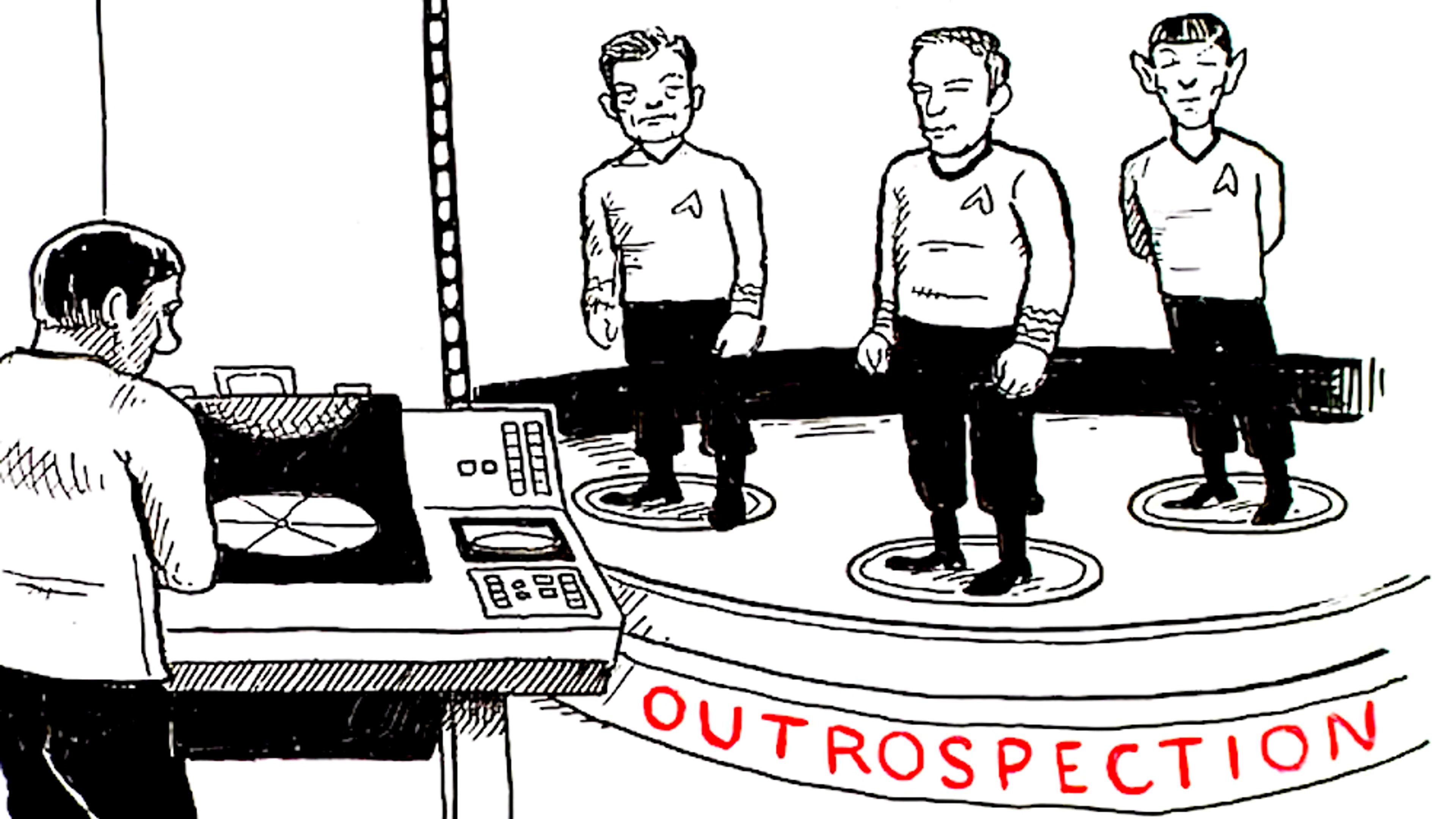 Black and white drawing of four characters in a science fiction transporter room with “OUTROSPECTION” written in red below.
