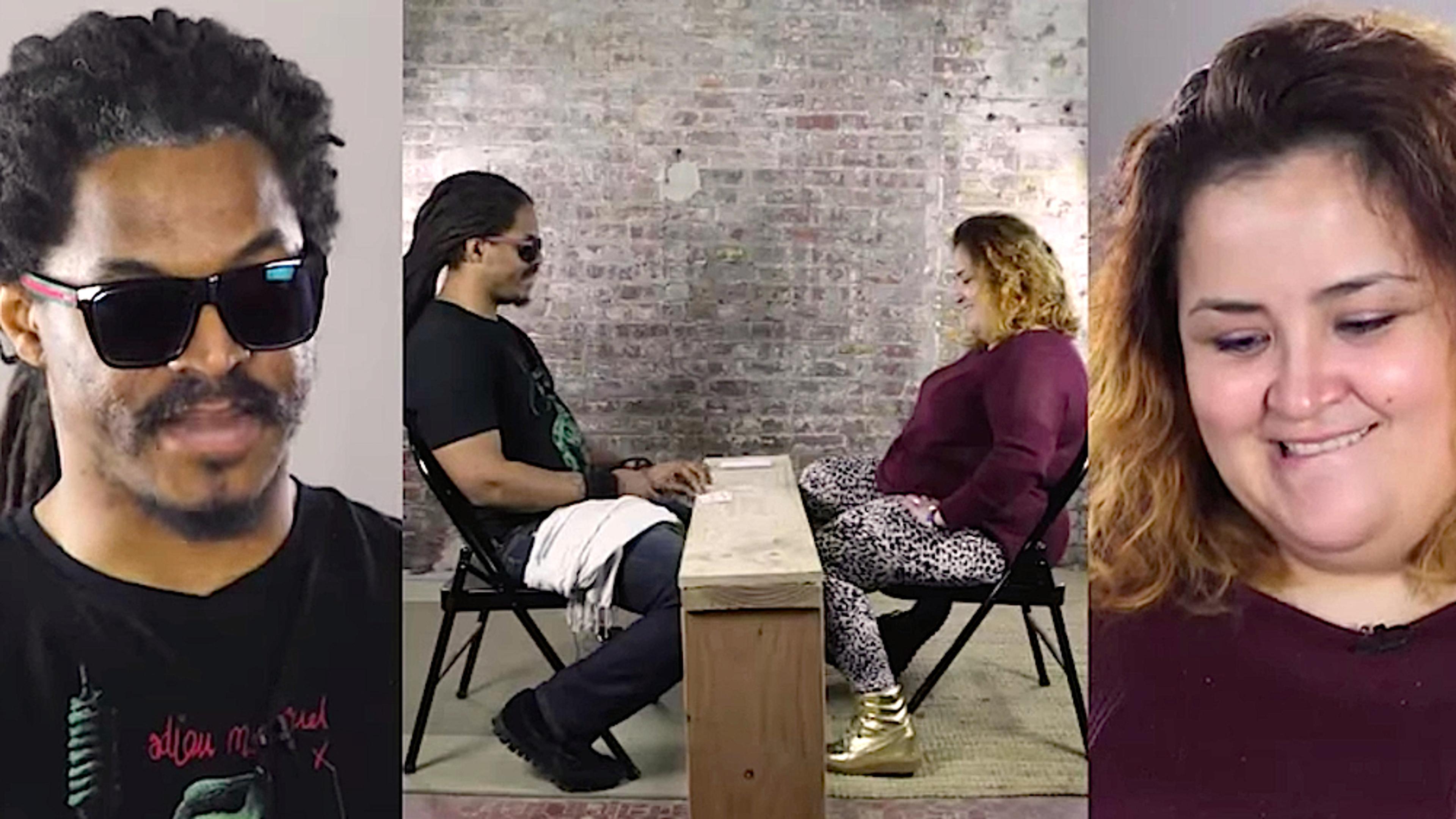 A collage photo of a man and a woman. Centre shows them sitting at a table facing each other, each side has close-ups of their faces.