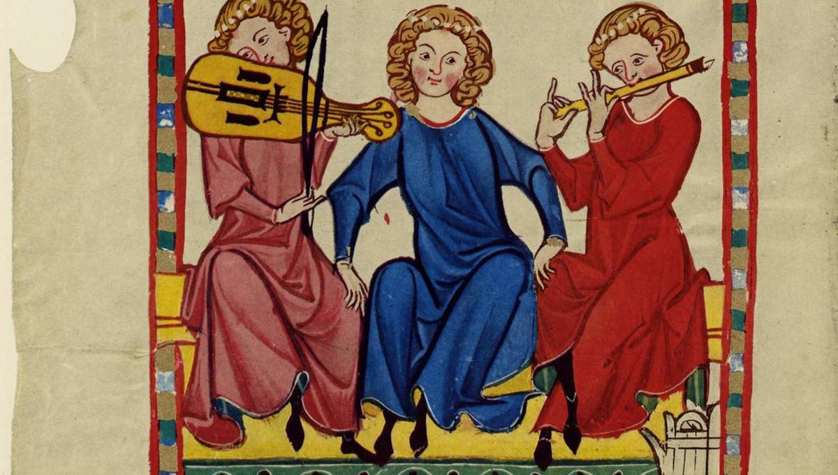 Medieval illustration of three musicians: one with a violin, another in a blue robe, and the last with a flute, framed by colourful borders.