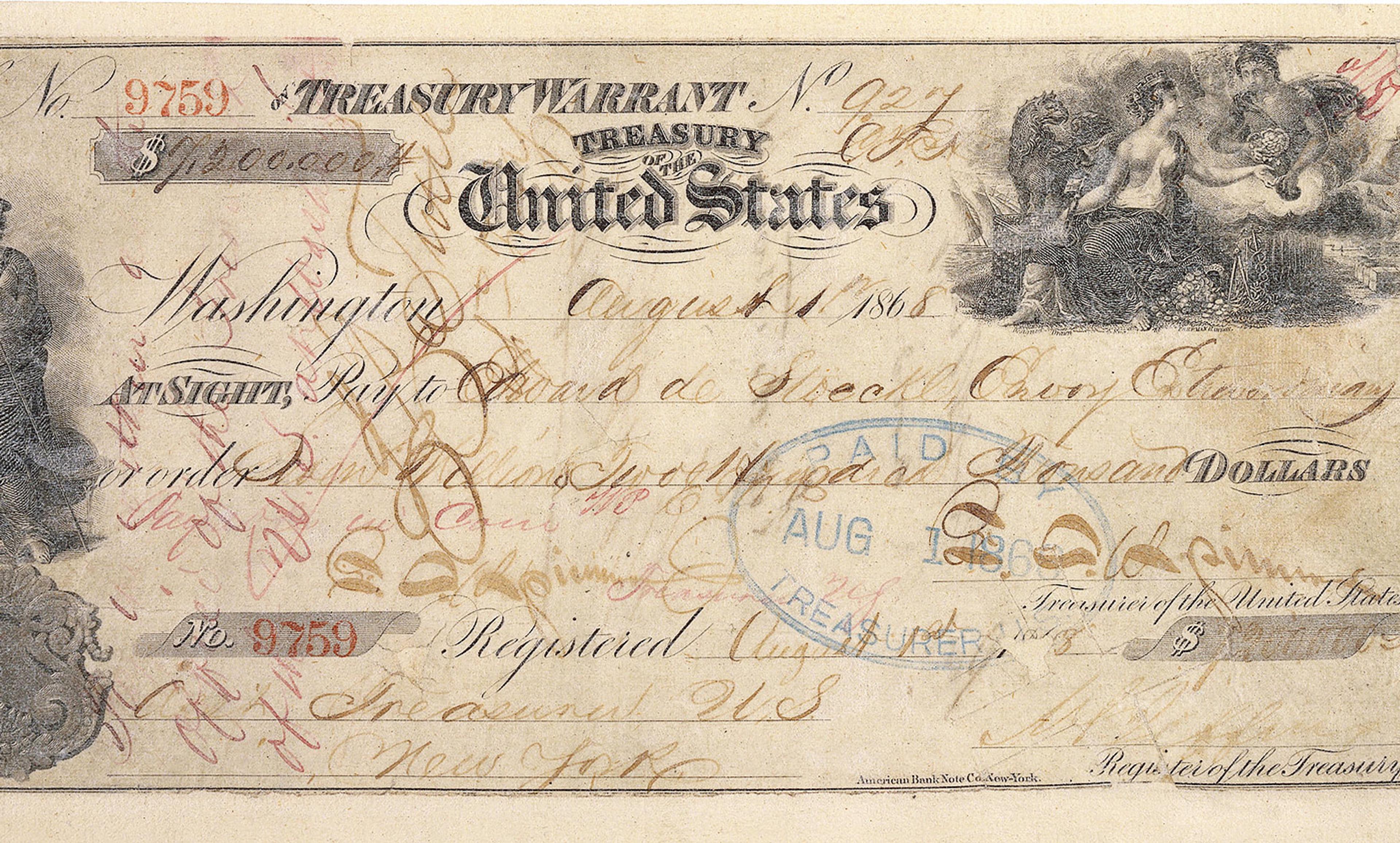 <p>Detail from the 7.2 million dollar check used to purchase Alaska in 1867. <em>Courtesy Wikipedia</em></p>