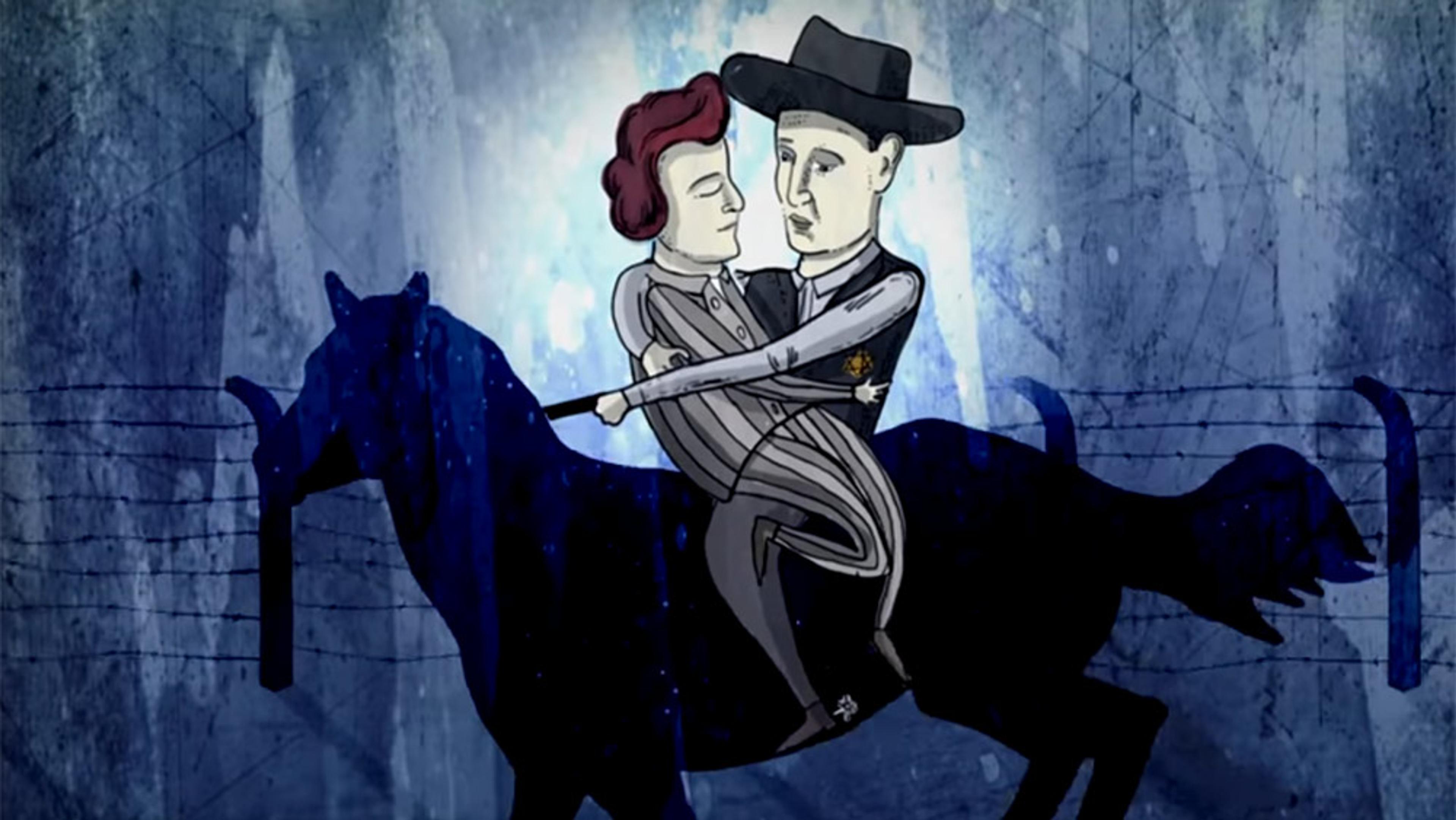 Illustration of a couple riding a horse at night, with a barbed wire fence in the background and blue tones.