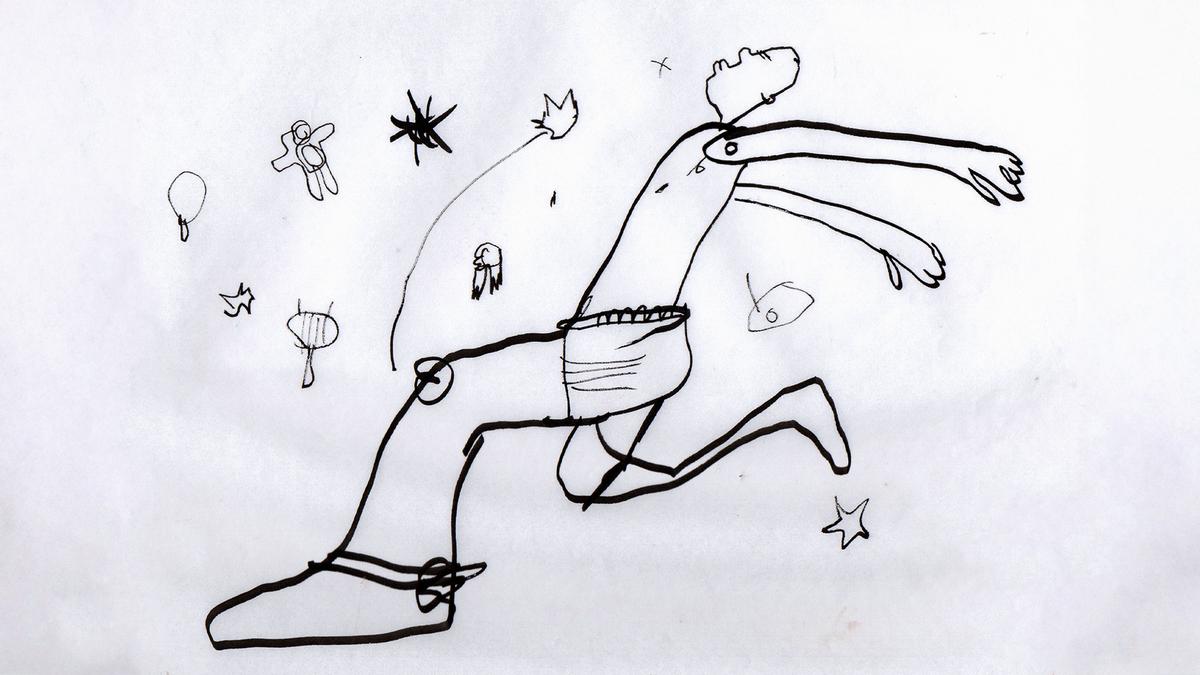 Abstract line drawing of a running figure with scattered symbols on a white background.