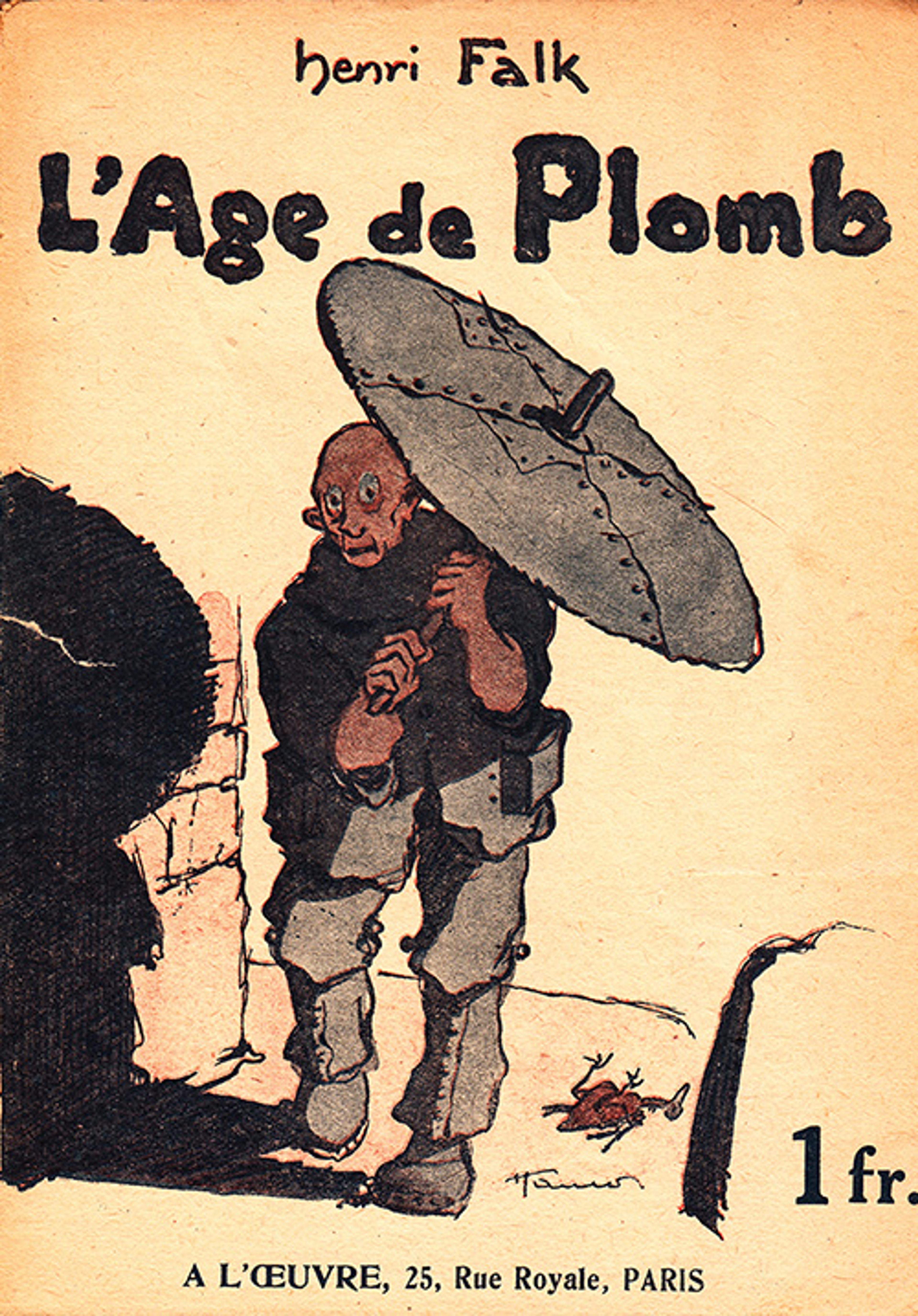 Illustration of a hooded figure with a large umbrella on a book cover titled “L’Age de Plomb” by Henri Falk.