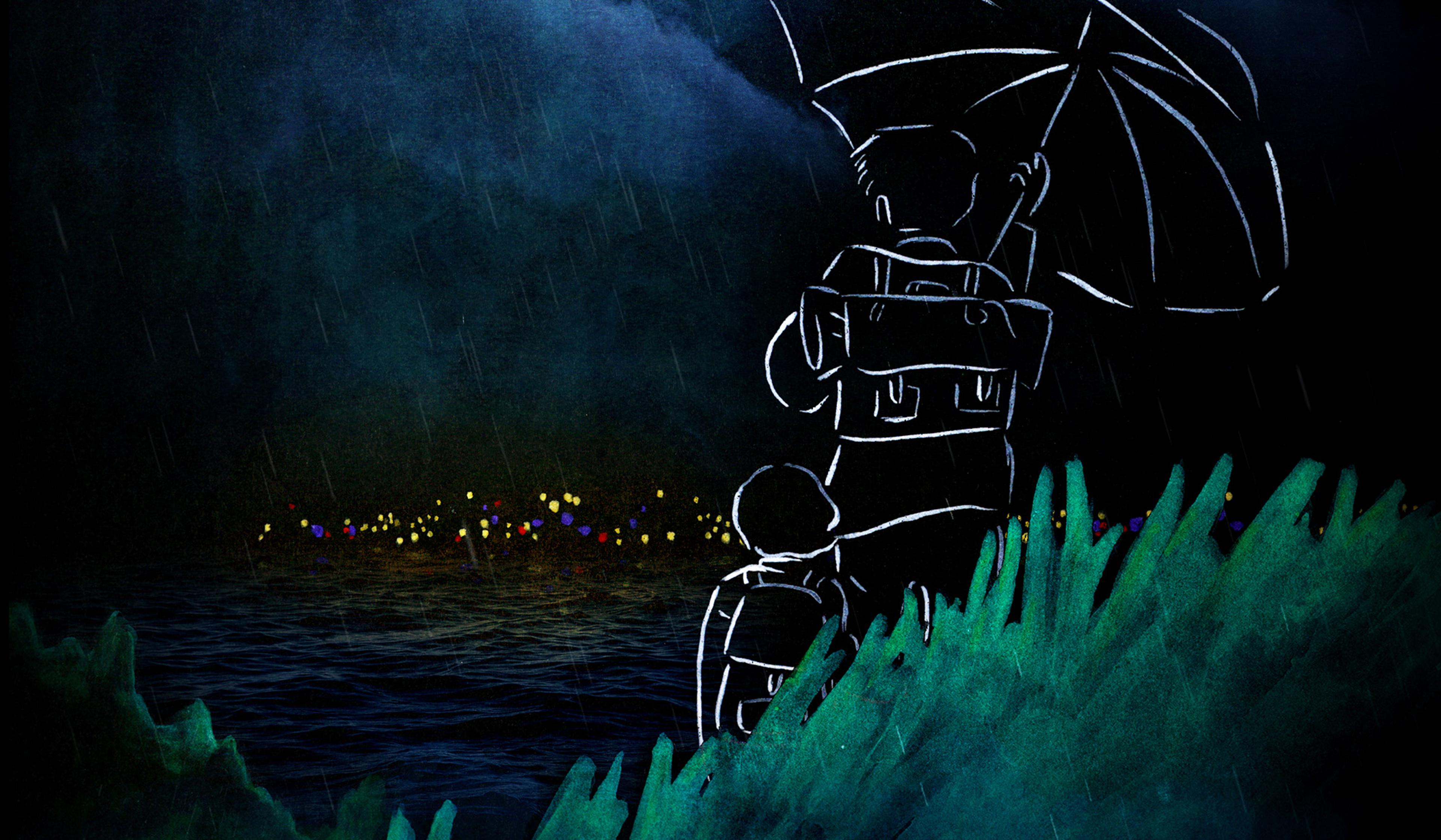 Silhouettes of two people with backpacks in the rain, holding an umbrella, looking at distant city lights across a dark body of water.