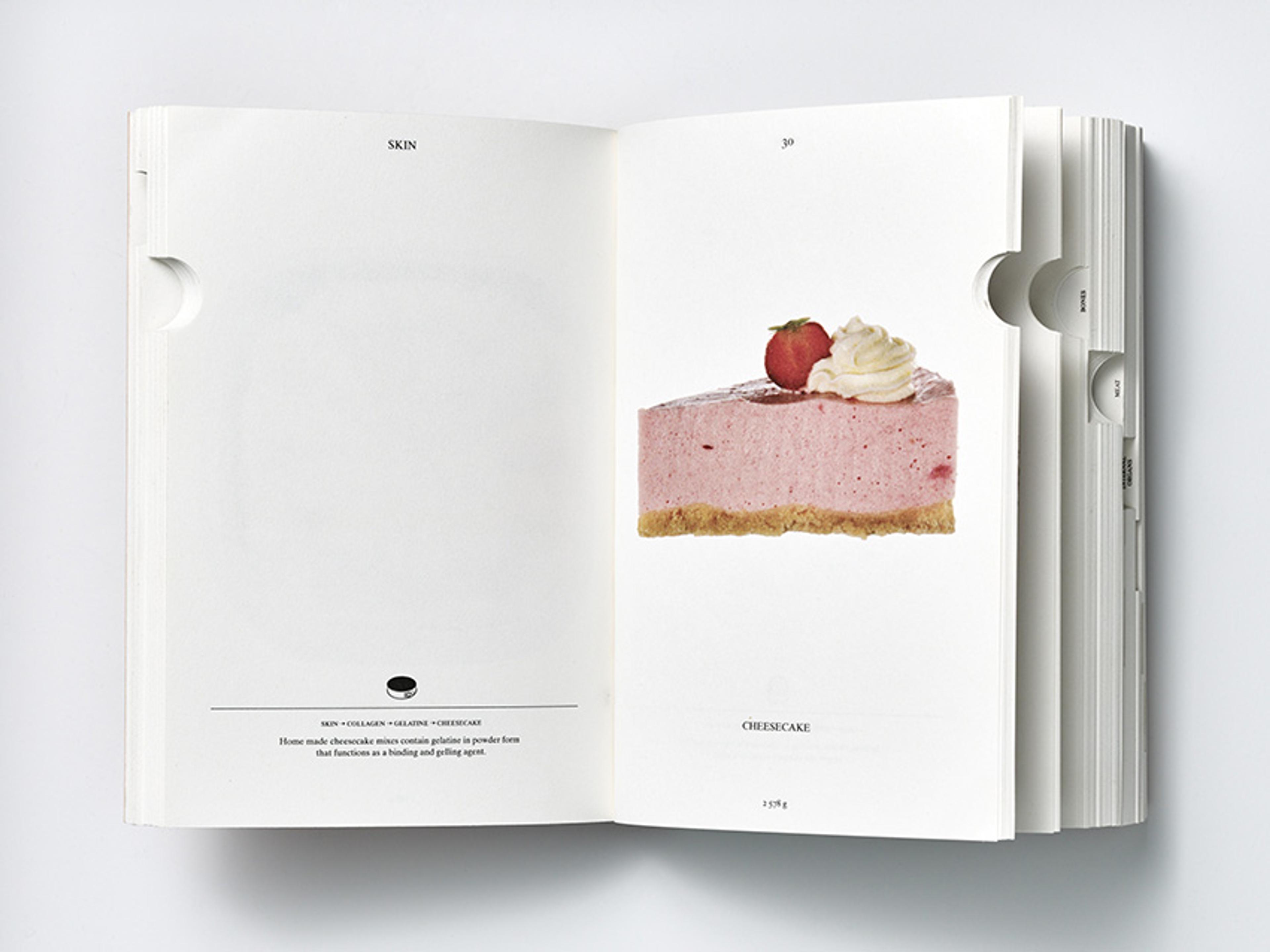 Open book showing a photo of a slice of strawberry cheesecake with whipped cream and a strawberry on top on a white background.