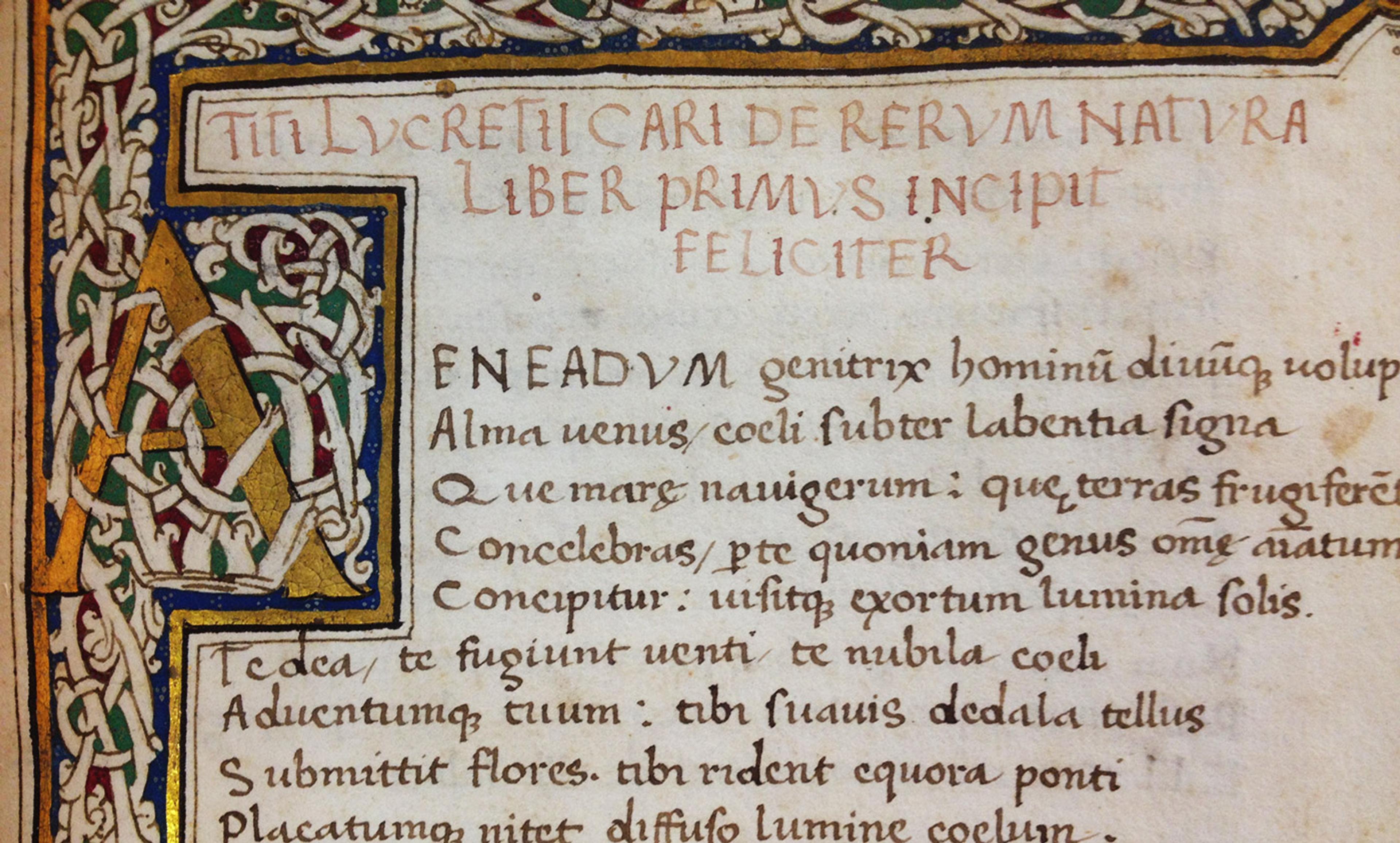 Illuminated manuscript page with Latin script, decorative border and large gilded letter ‘A’ on the left side