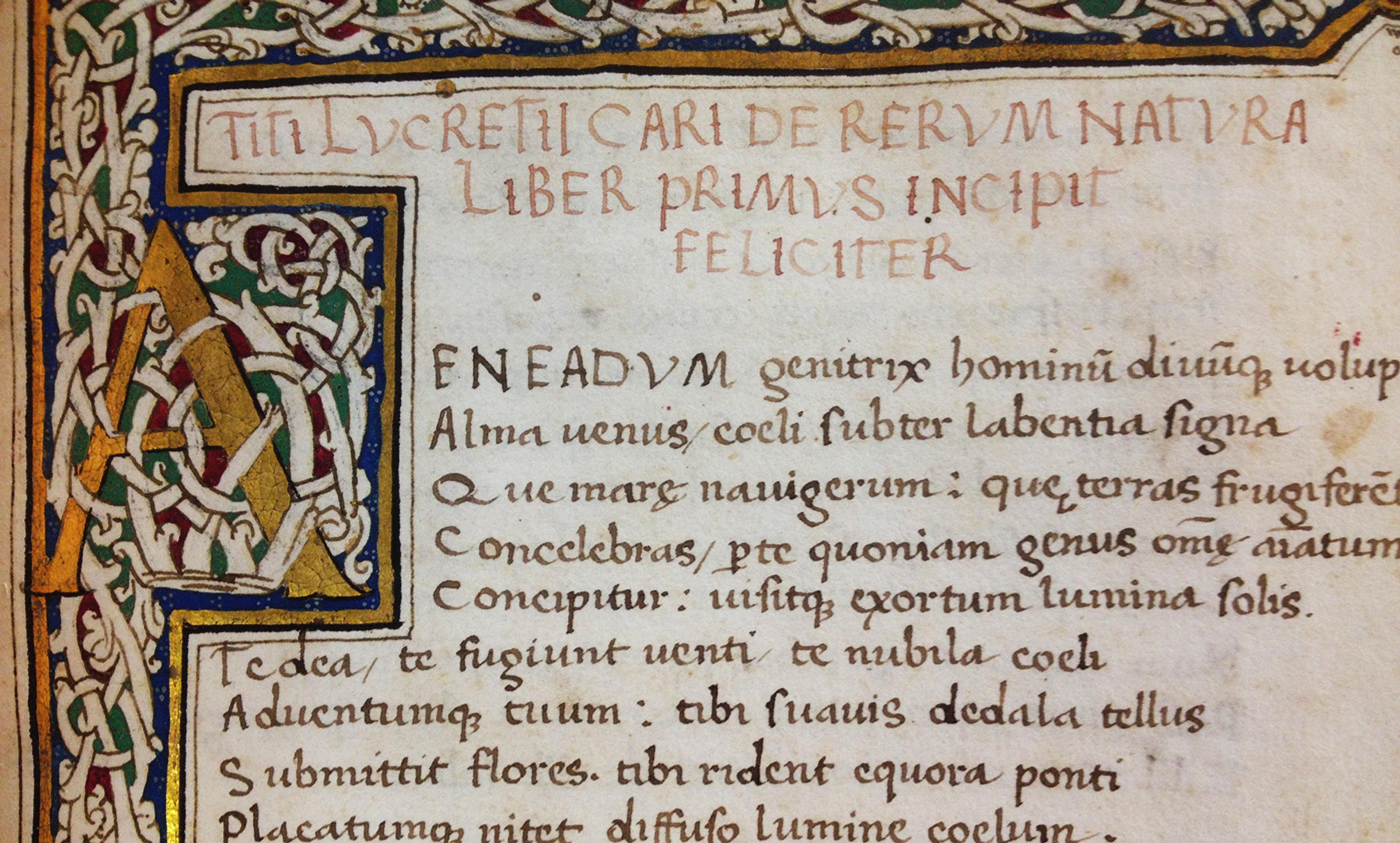 <p>Opening from Lucretius’ De Rerum Natura at the Cambridge University Library, manuscript dated to 1563. <em>Courtesy Wikipedia</em></p>