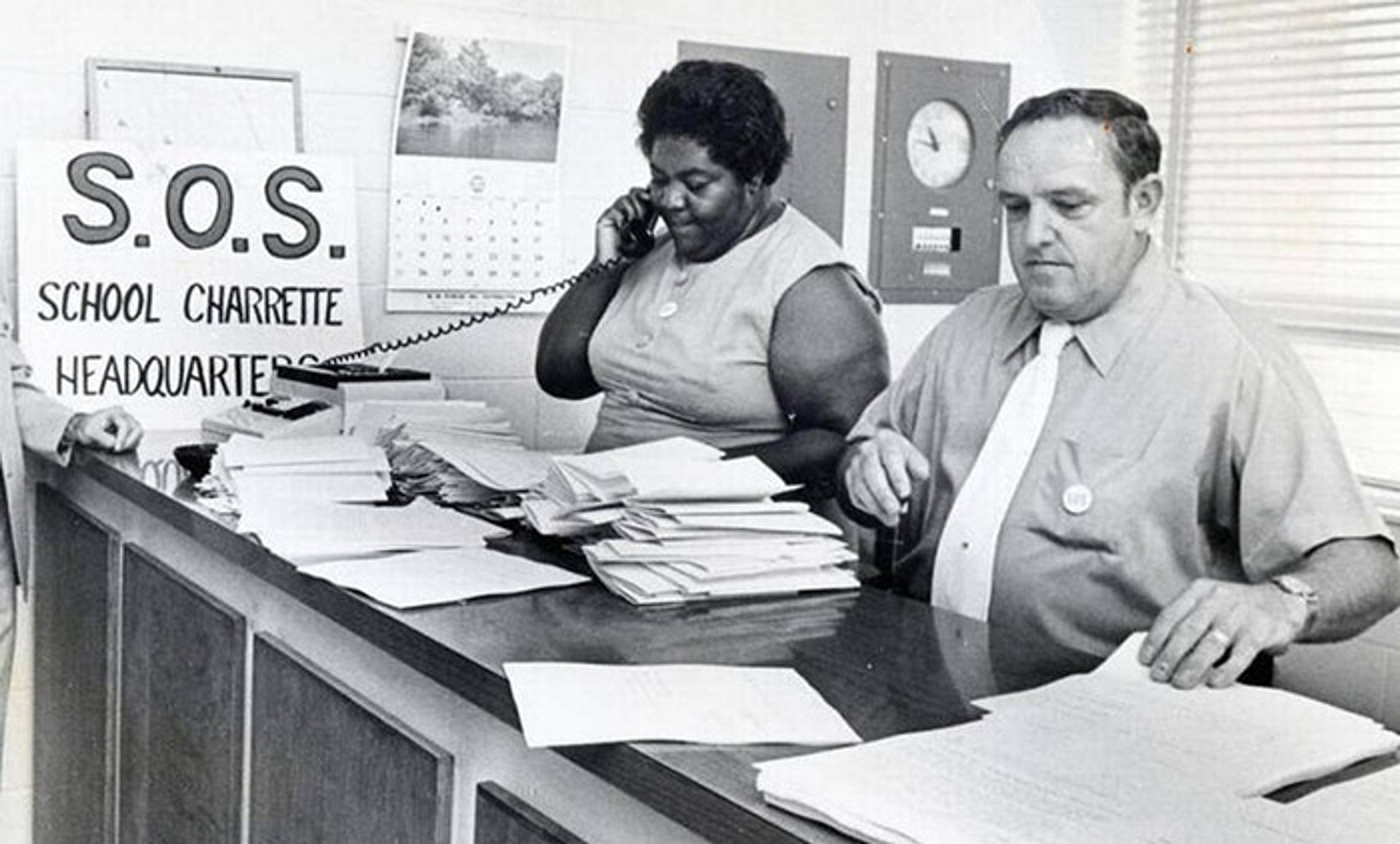 <p>Ann Atwater and C P Ellis, longtime enemies, chaired a 10-day community summit on desegregating Durham schools<em>, </em>‘Save Our Schools’ (SOS). <em>Photo by Jim Thornton, courtesy of The Herald-Sun Collection, University of North Carolina at Chapel Hill Libraries</em></p>