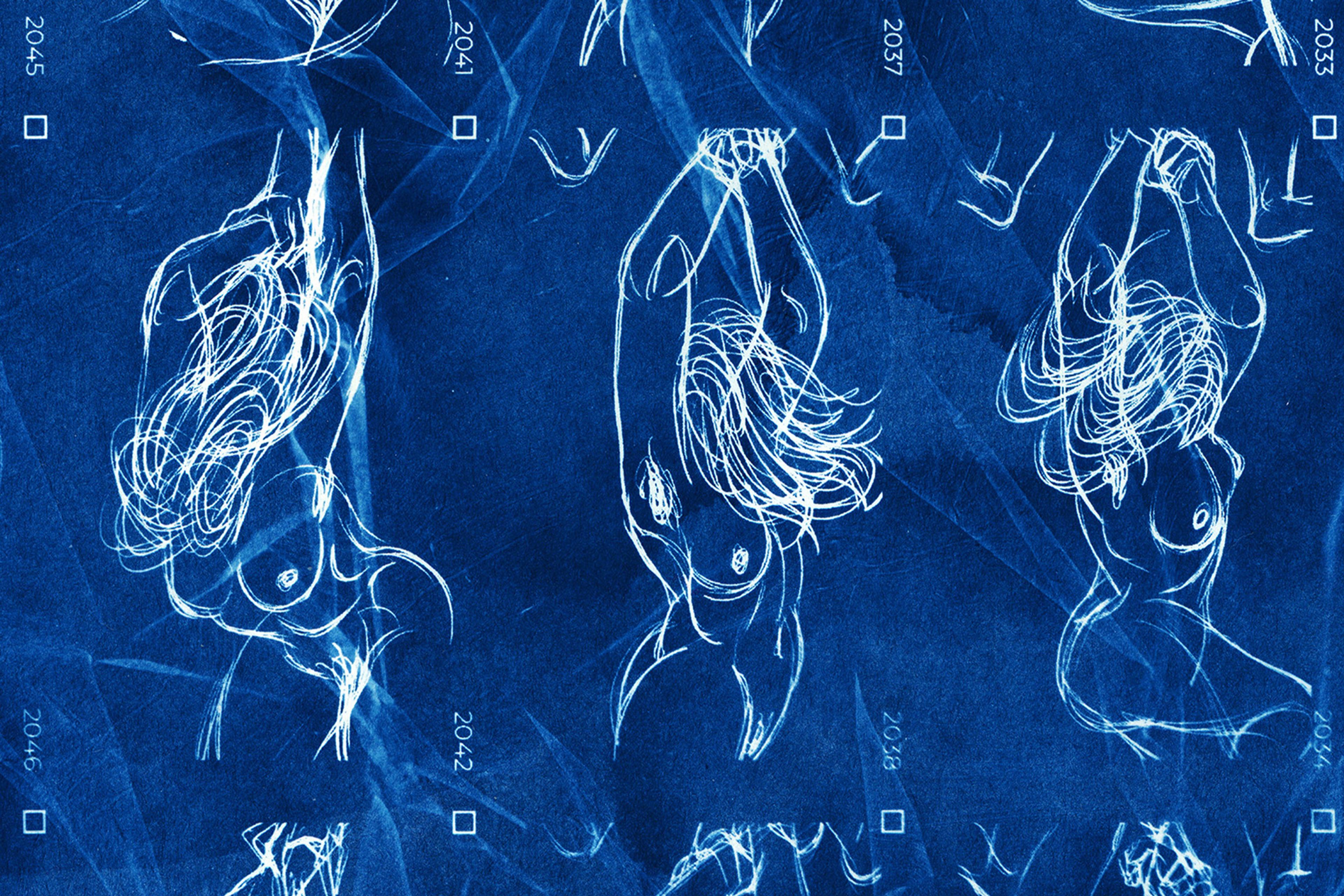 Abstract blue and white line drawing of multiple nude female figures, seen from various angles, arranged in a pattern.