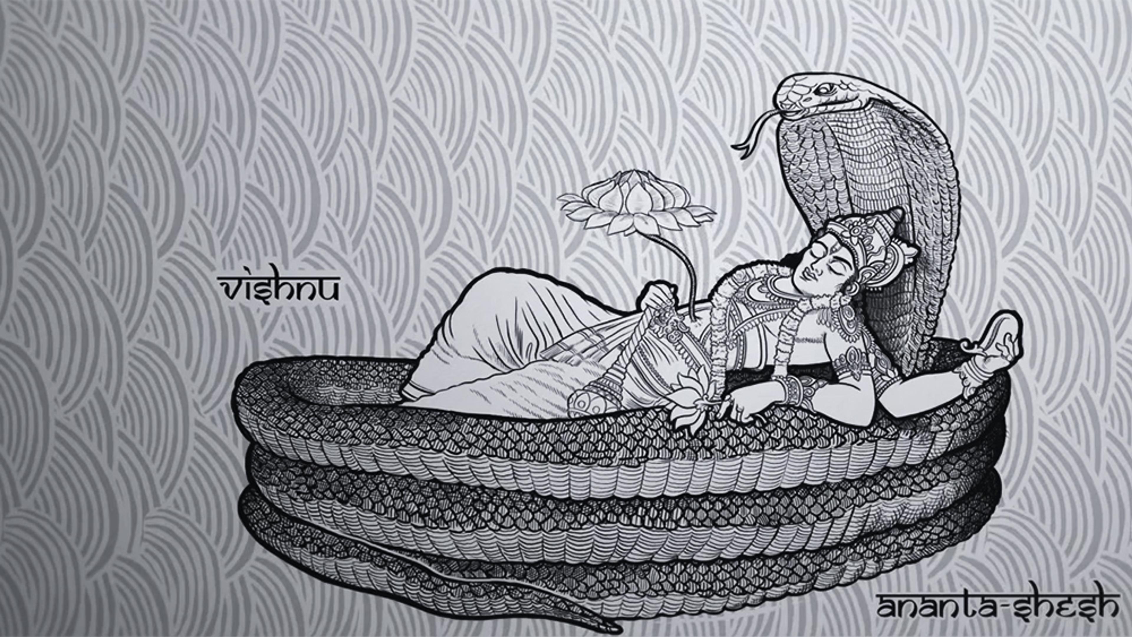 A black and white drawing of Vishnu resting on Ananta Shesha, holding a lotus, with a patterned background.