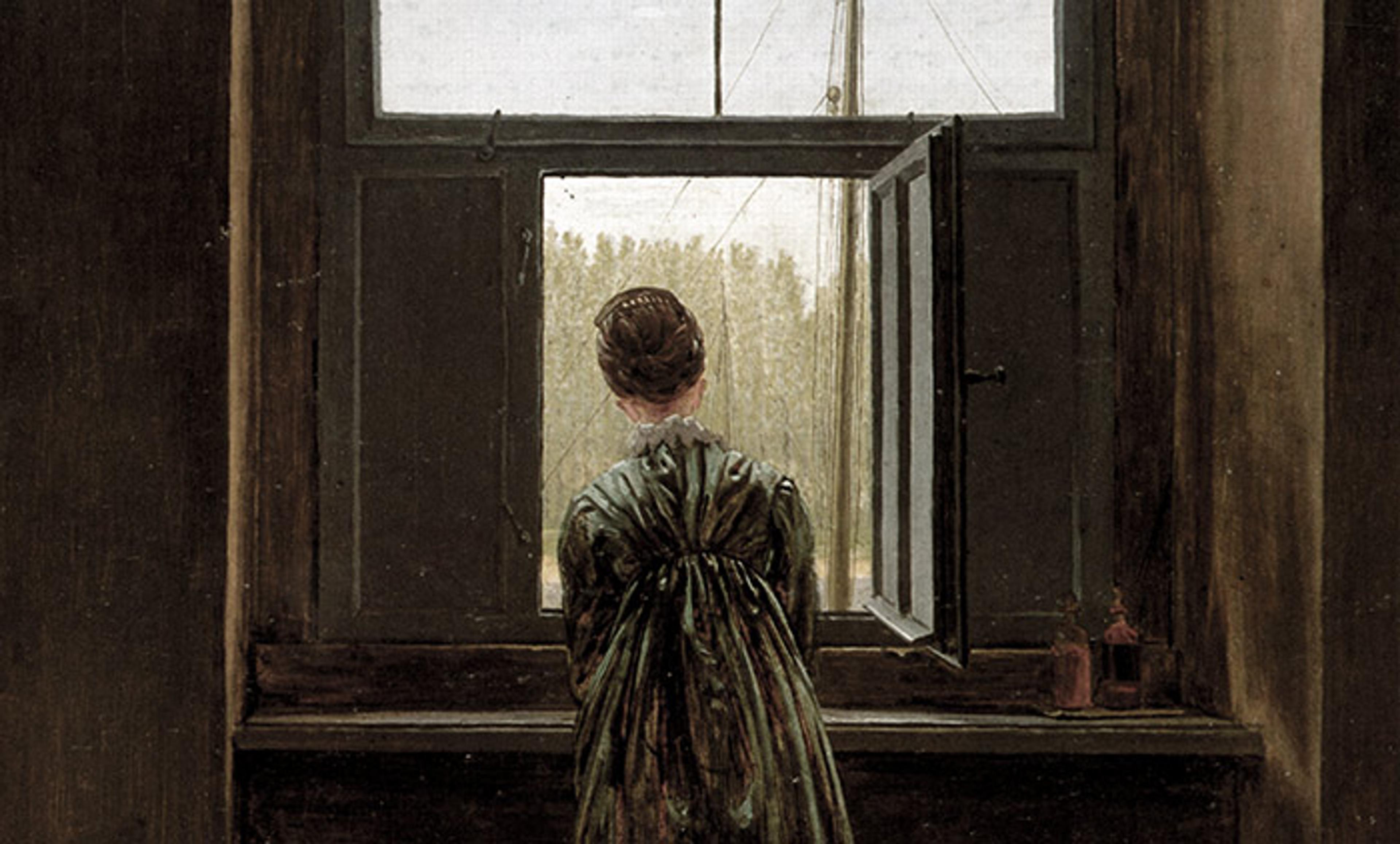 Painting of a woman in a green dress, seen from behind, standing at an open window looking out at a landscape with trees.