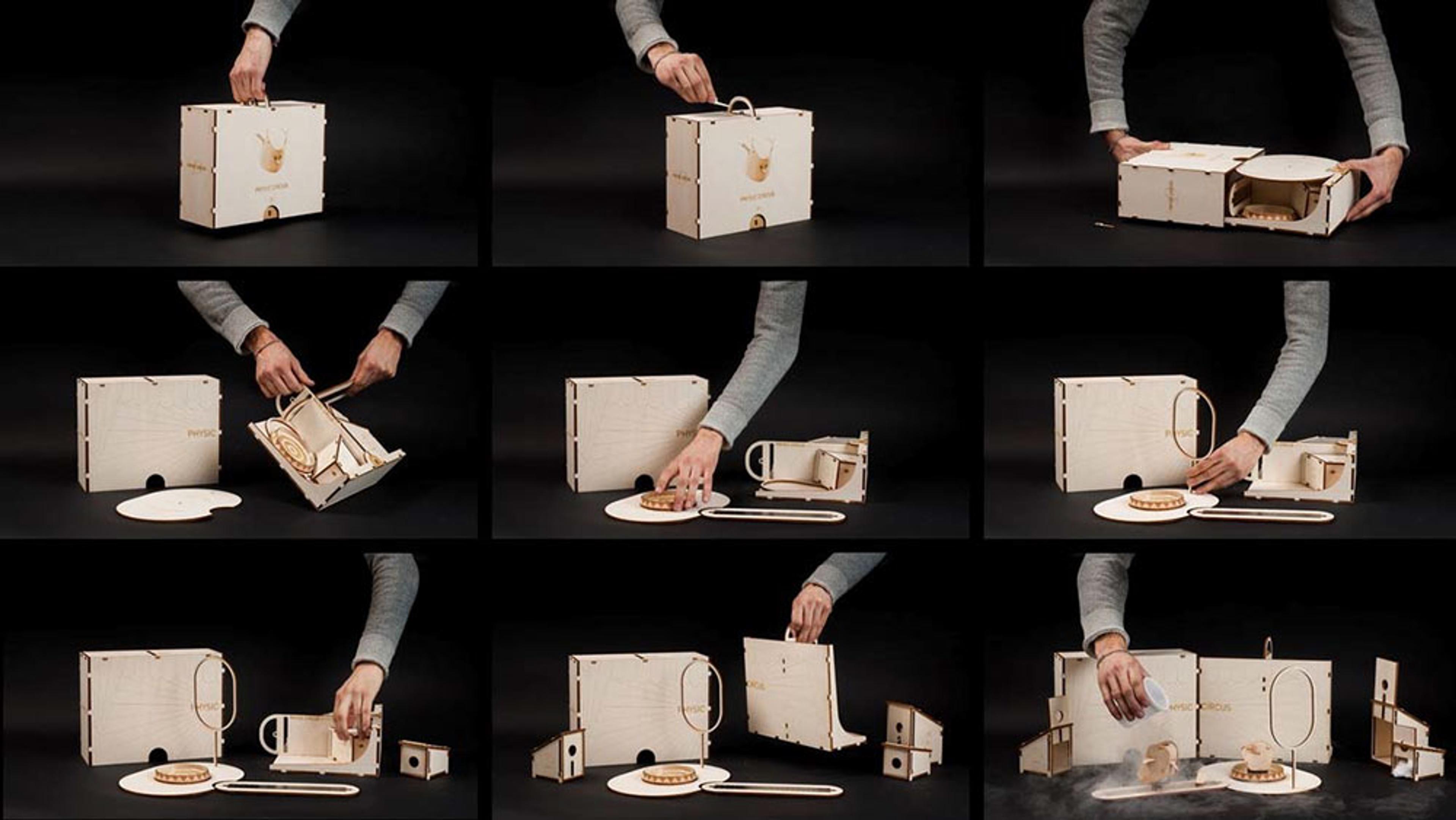 A person assembling a wooden box into a functional pizza oven, shown in a 3x3 grid demonstrating the step-by-step process.