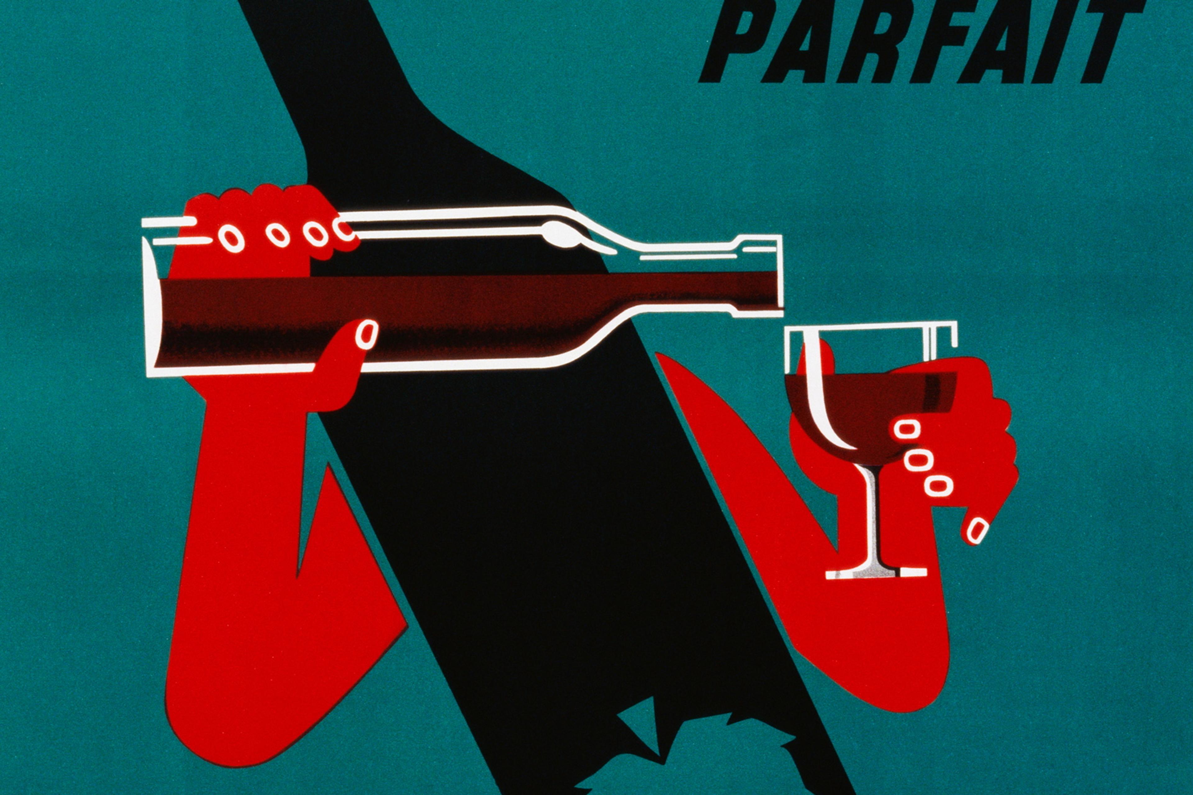 Vintage poster art with a stylised red figure holding a wine bottle and glass; text reads “Le Vin Parfait” on a teal background.