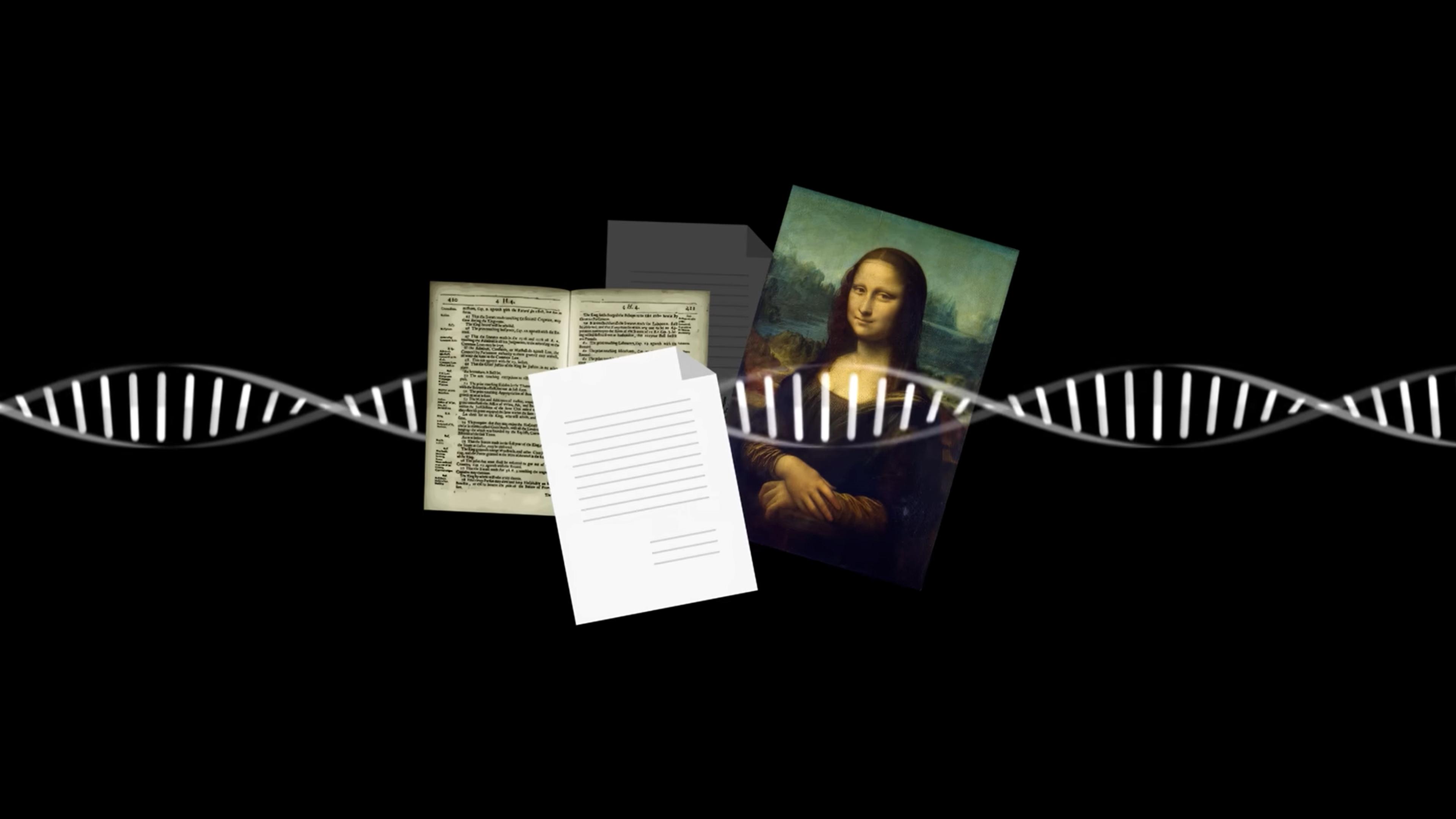 A DNA double helix with overlapping images: lined pages, the printed pages of an old book, and a painted portrait of a woman that is the Mona Lisa, all on a black background.