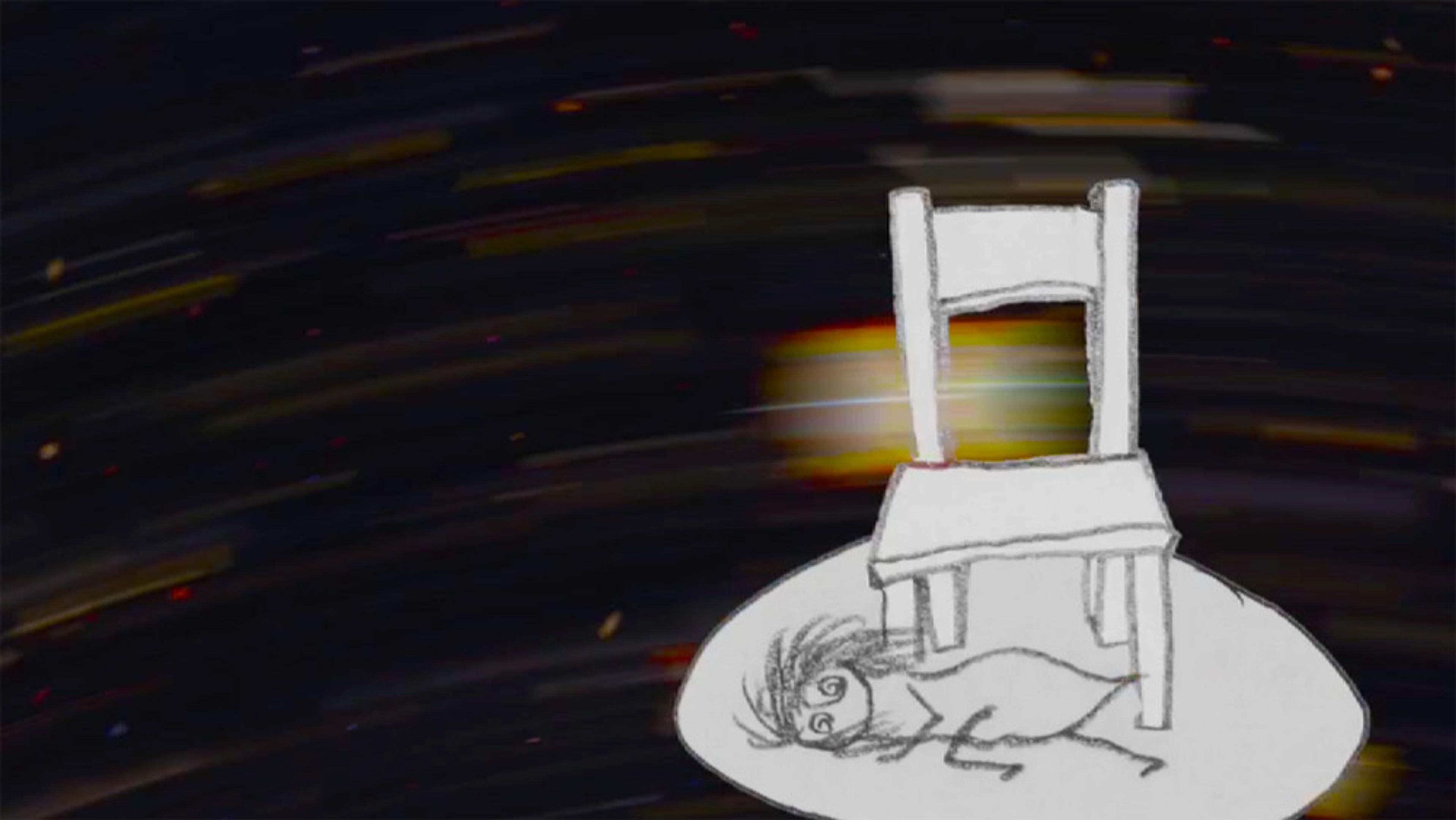 A childlike drawing of a person under a chair against a blurred, dark background with streaks of light.