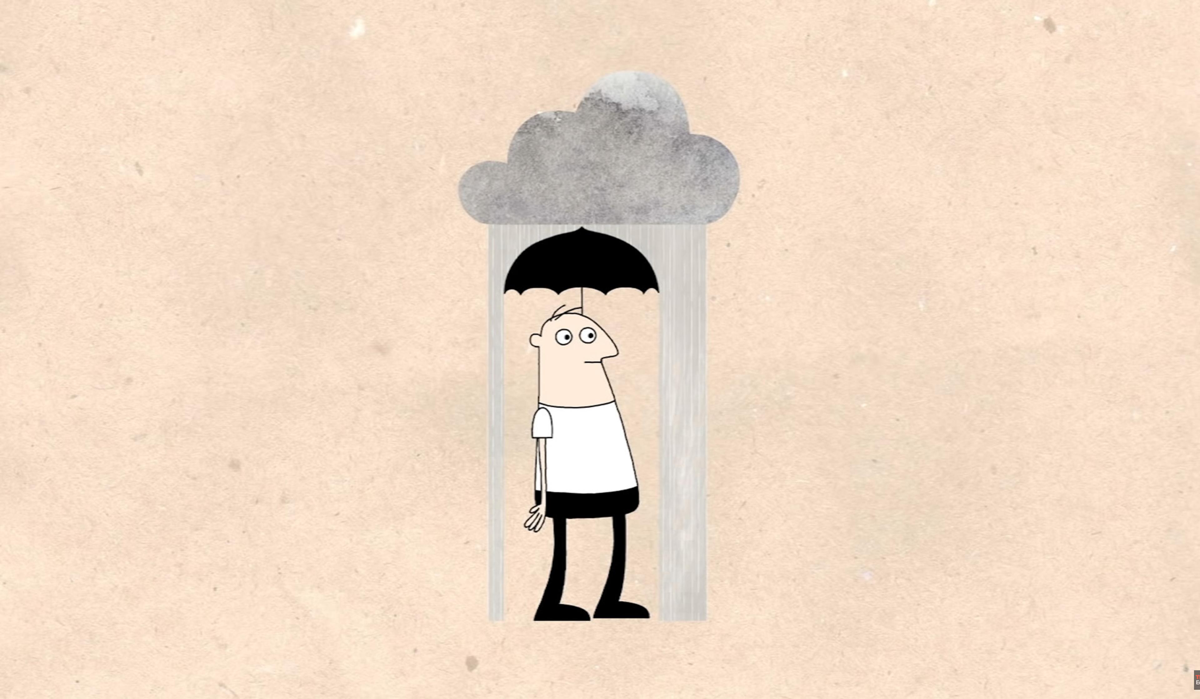 Cartoon of a person holding a black umbrella under a grey cloud with rain falling around them on a beige background.
