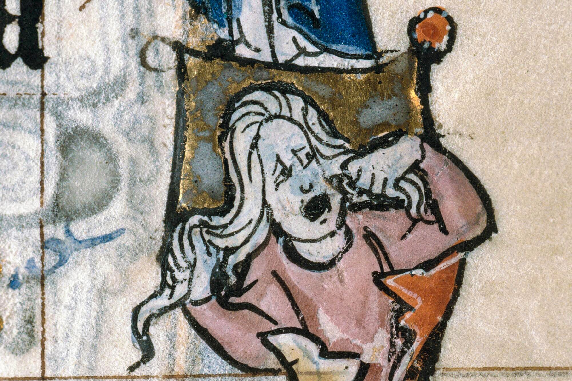 Medieval painting of a person covering their ears and yawning, wearing a pink robe with a gold background detail.