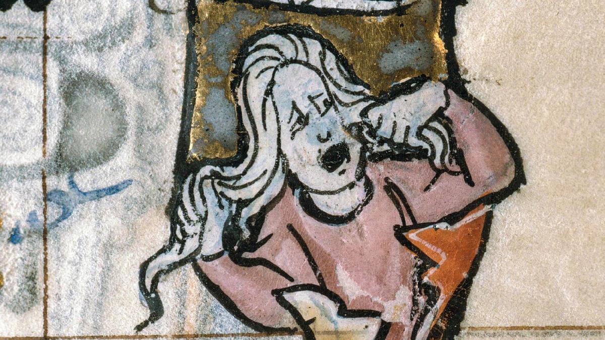 Medieval painting of a person covering their ears and yawning, wearing a pink robe with a gold background detail.