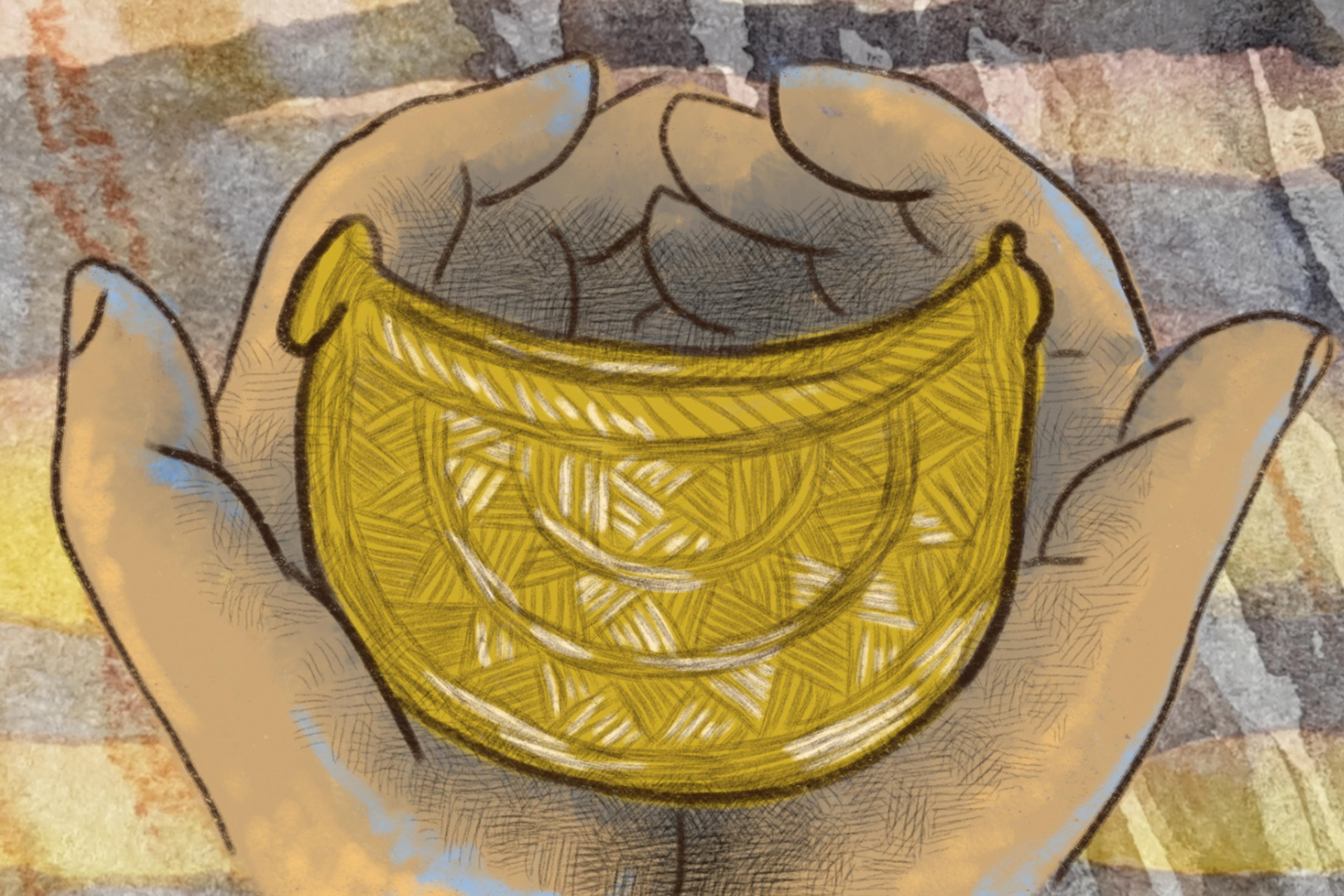 Illustration of cupped hands holding a golden artefact with intricate patterns against a textured background.