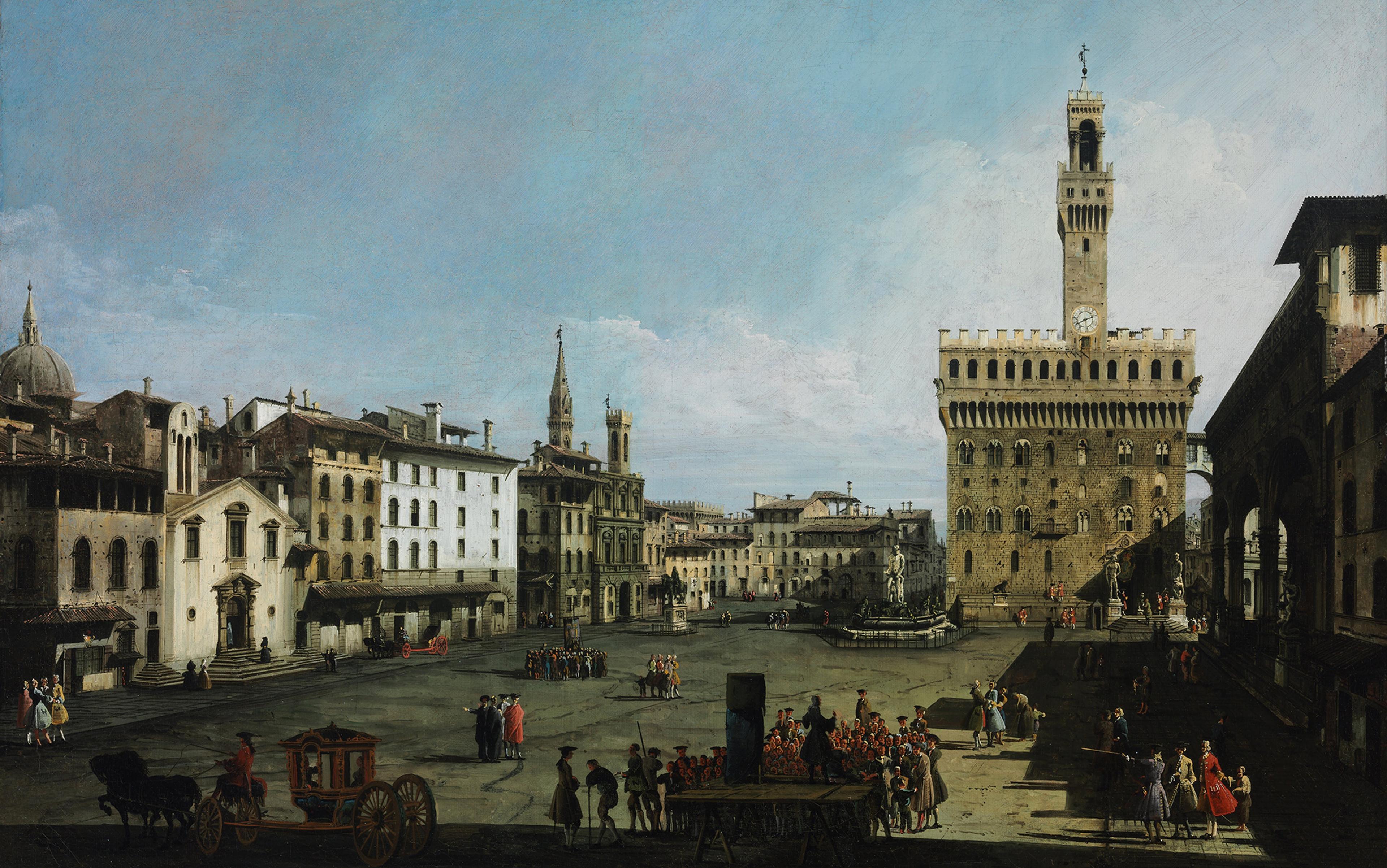 Painting of a historic city square with a tall clock tower, statues, carriages, and groups of people in period clothing.