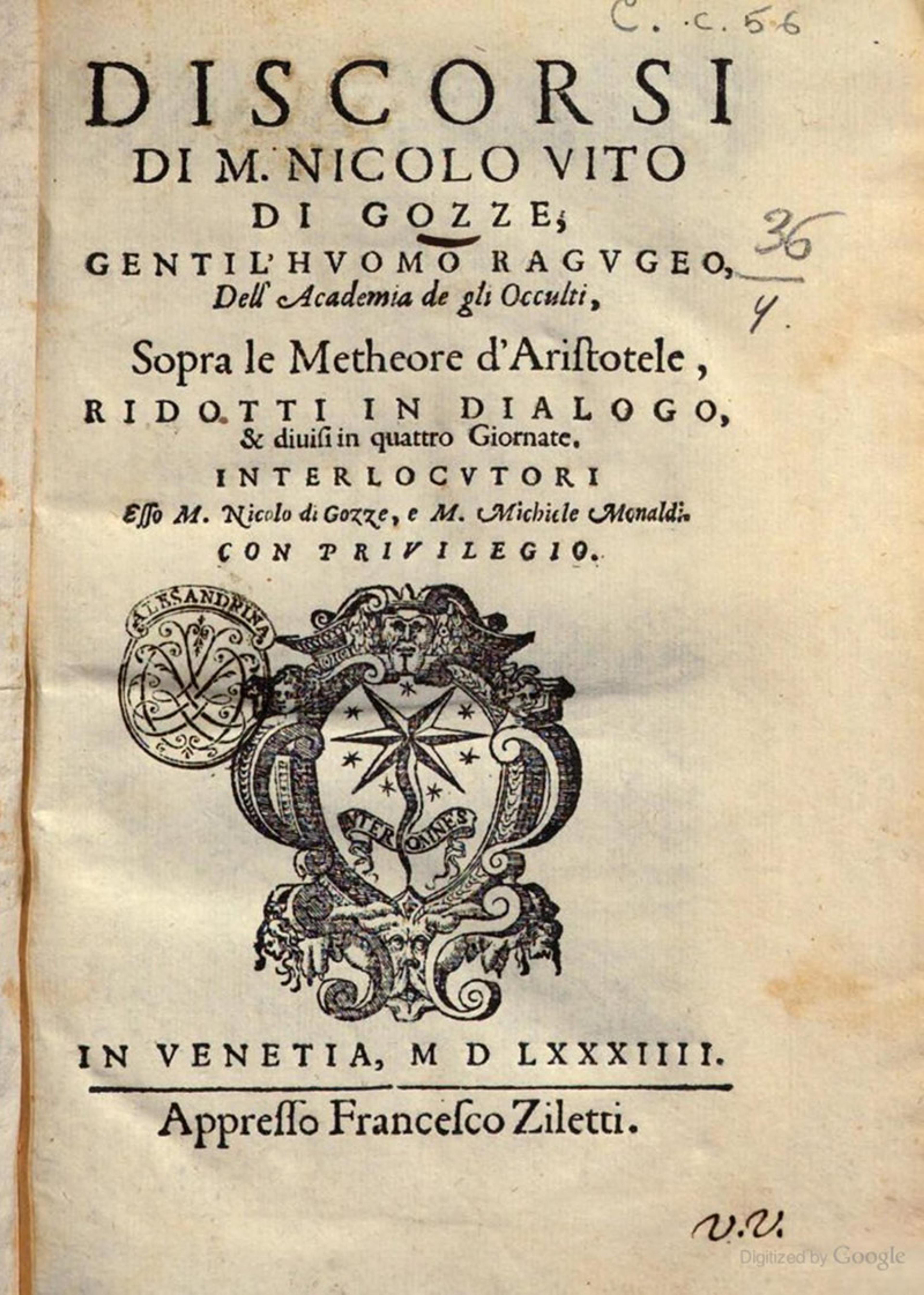 Title page of an old book with ornate coat of arms and text in Italian printed in 1584 in Venice by Francesco Ziletti.