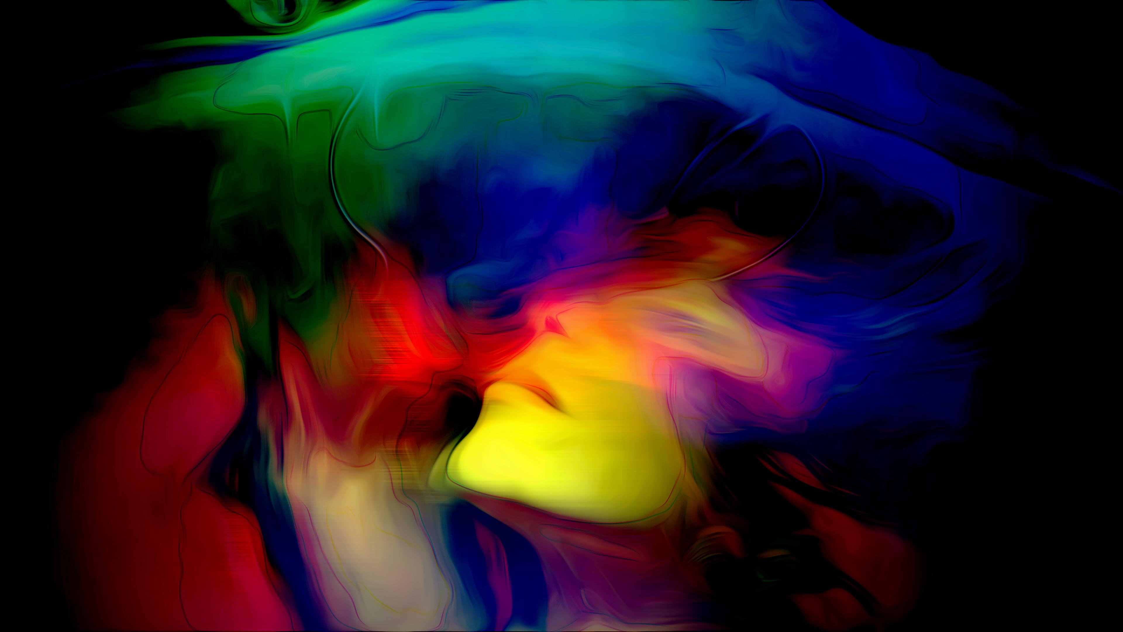 Abstract image of a woman’s face with vivid swirls of blue, green, red and yellow on a black background.