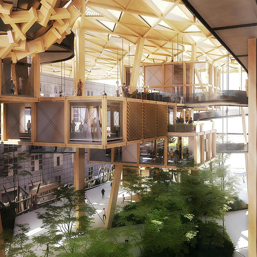 Digital rendering of a modern architectural space with wooden beams, suspended rooms and large windows, overlooking a green atrium.