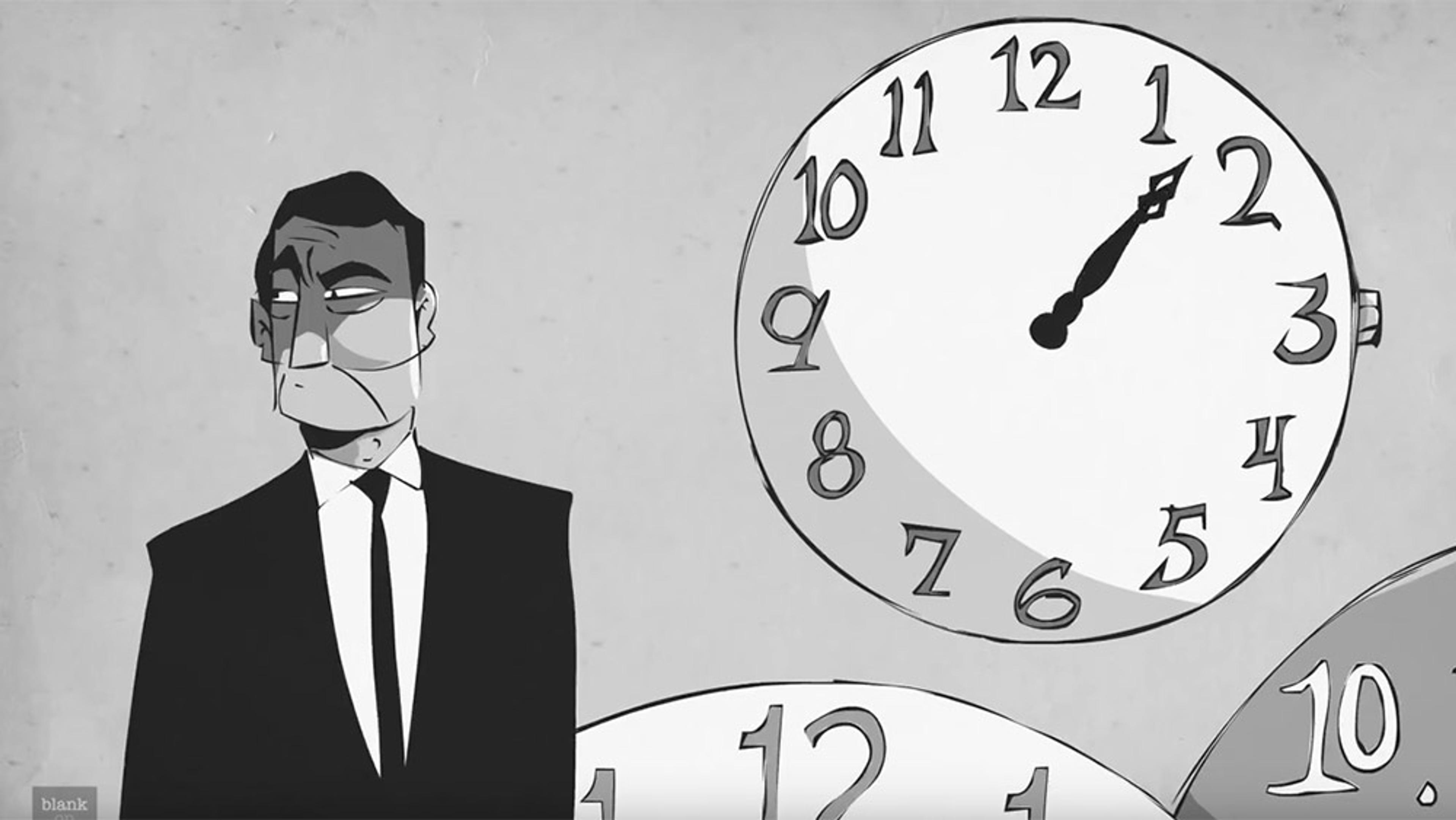 Black and white illustration of a man in a suit next to multiple clocks. The largest clock shows time nearing 2 o’clock.