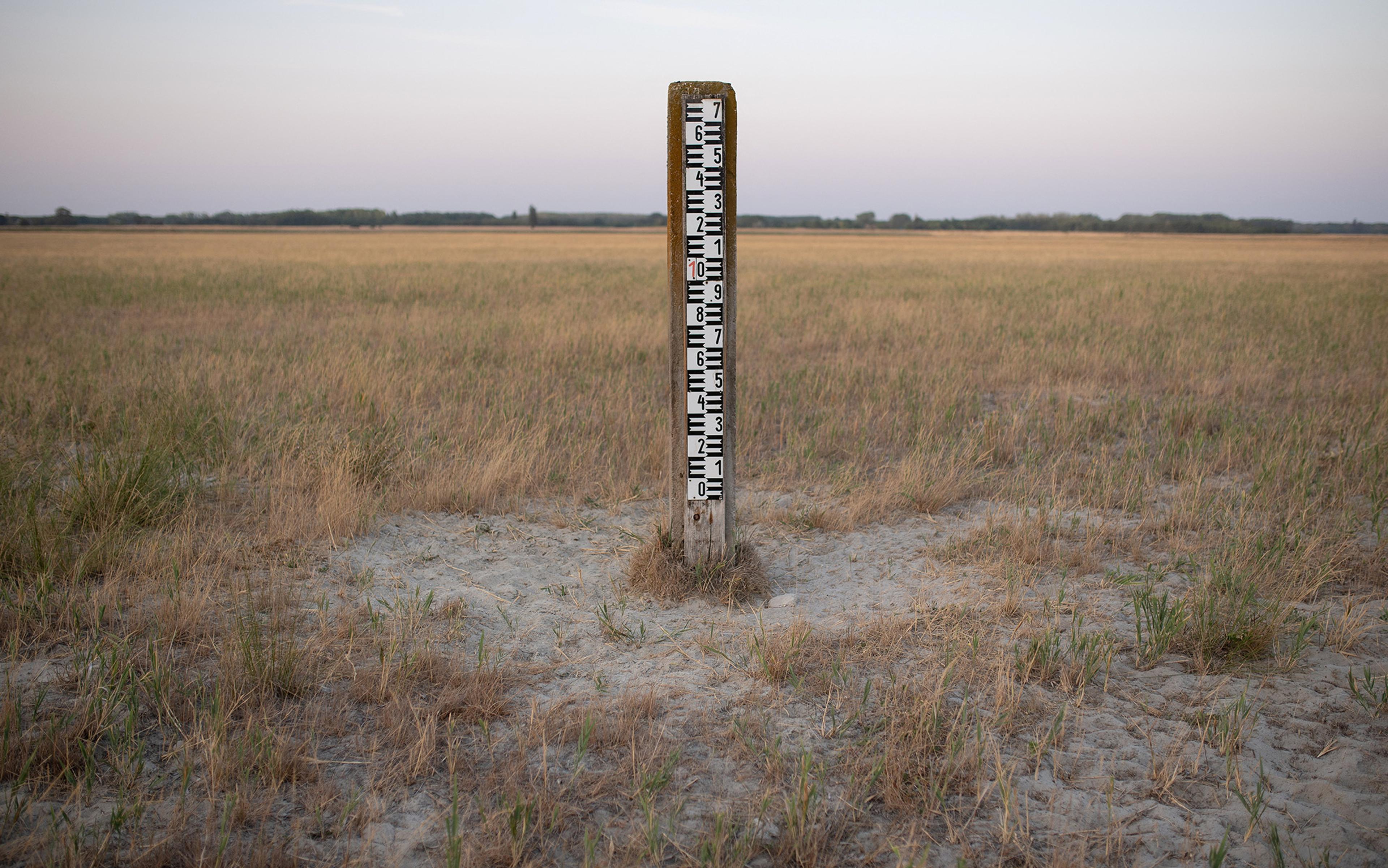 A measure for depth of water stands upright in a dried up landscape that was formerly a lake