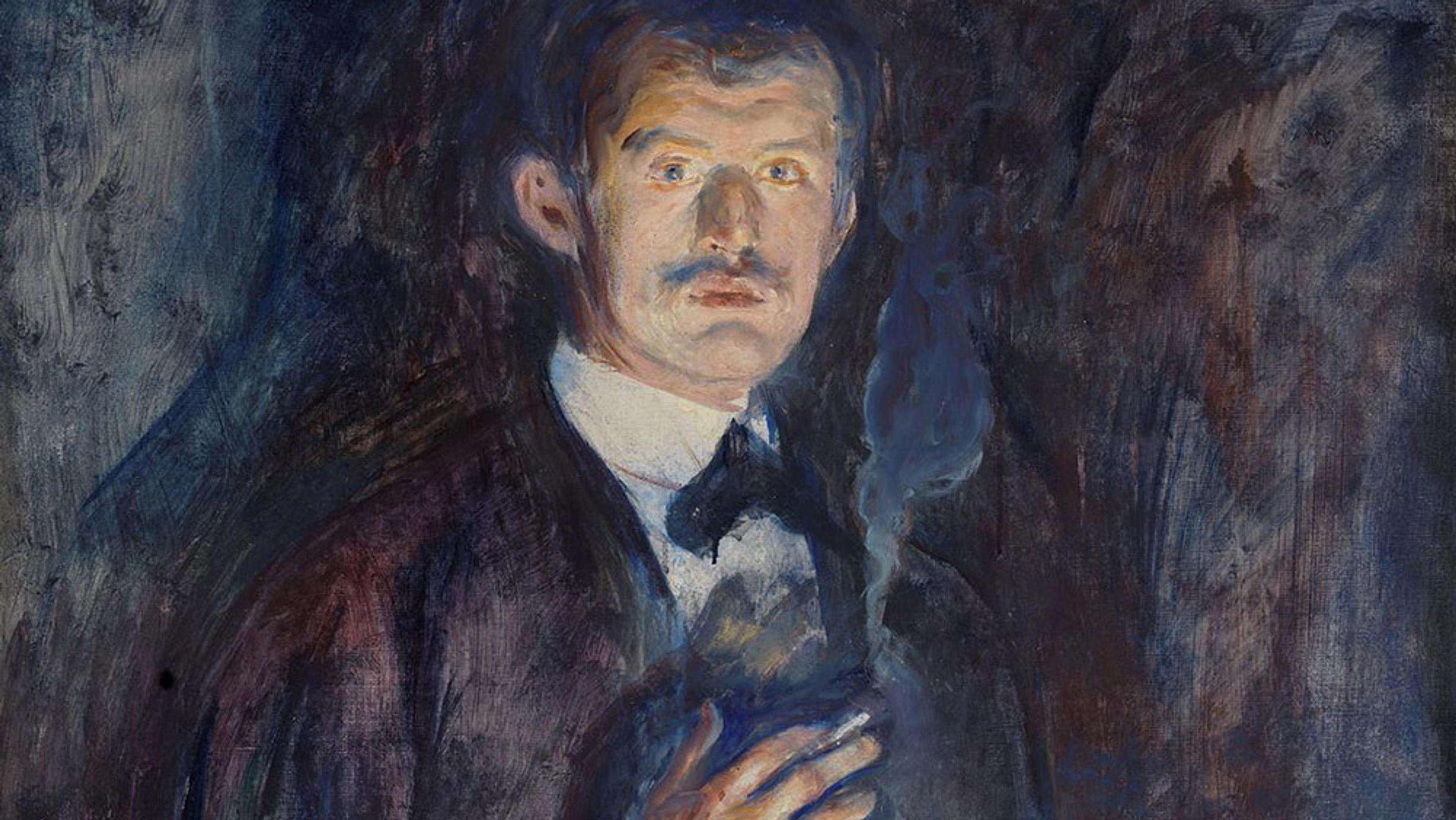 Painting of a man with a moustache holding a cigarette, partially obscured by smoke, against a dark, textured background.