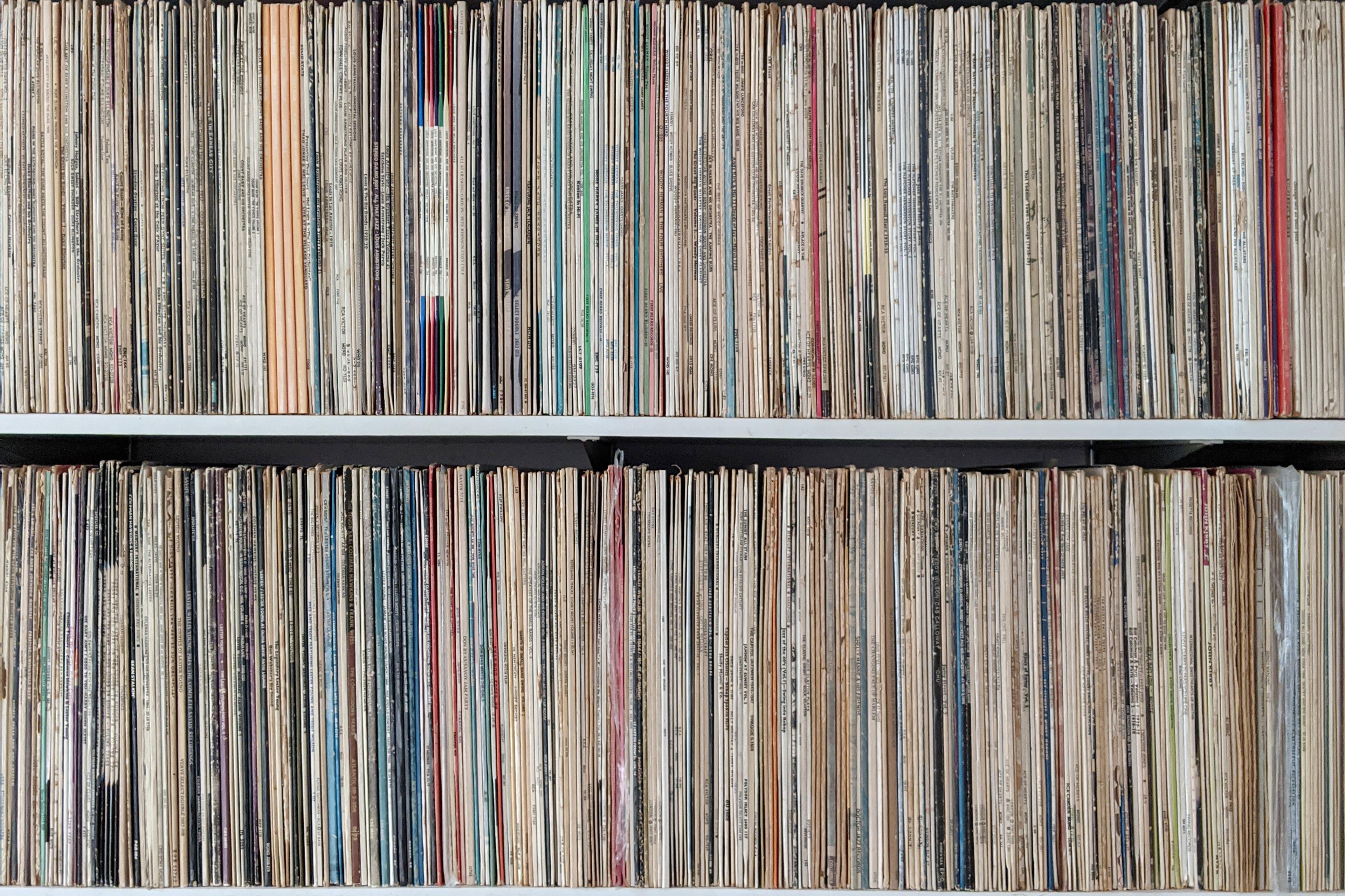 Photo of shelves filled with vinyl record covers stacked vertically, showing a collection of diverse albums.
