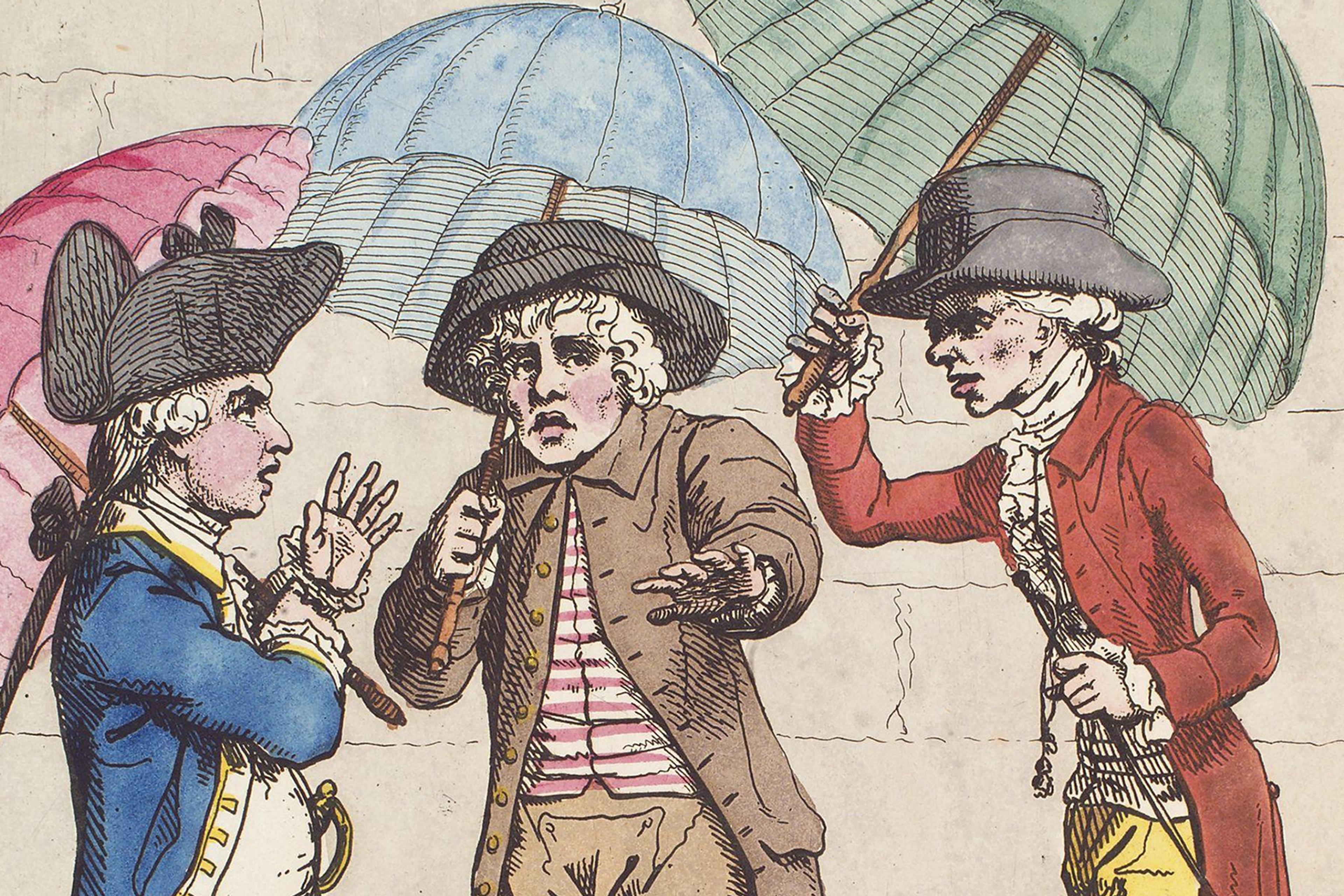 Painting of three men in 18th-century attire holding umbrellas and gesturing animatedly, set against a plain background.