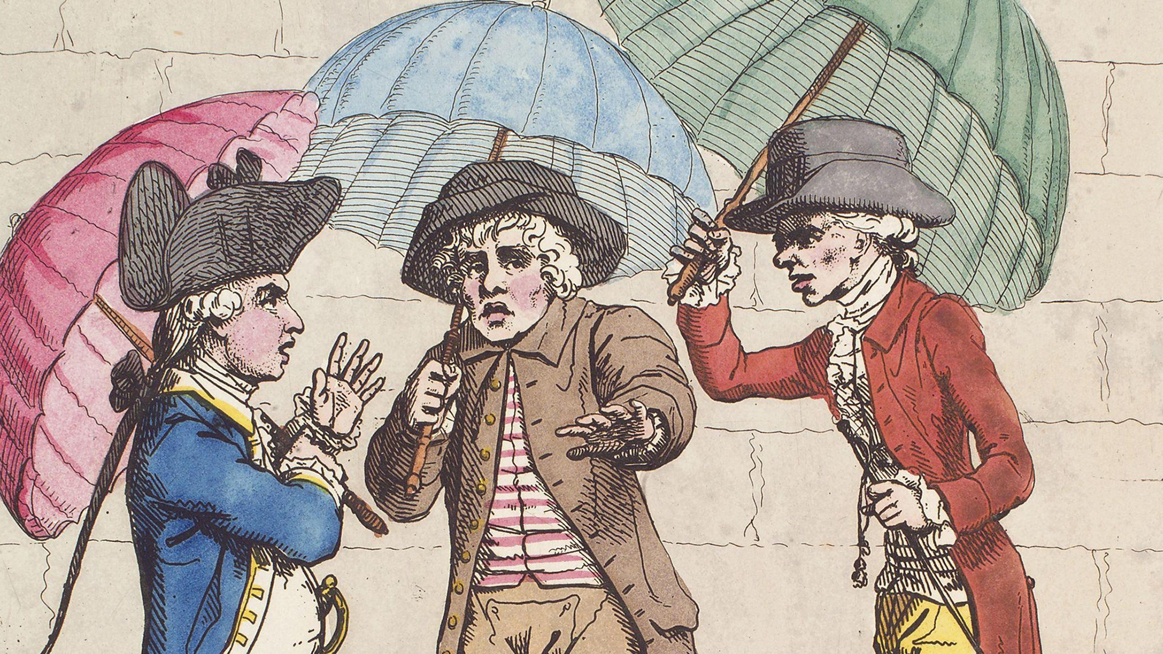 Painting of three men in 18th-century attire holding umbrellas and gesturing animatedly, set against a plain background.