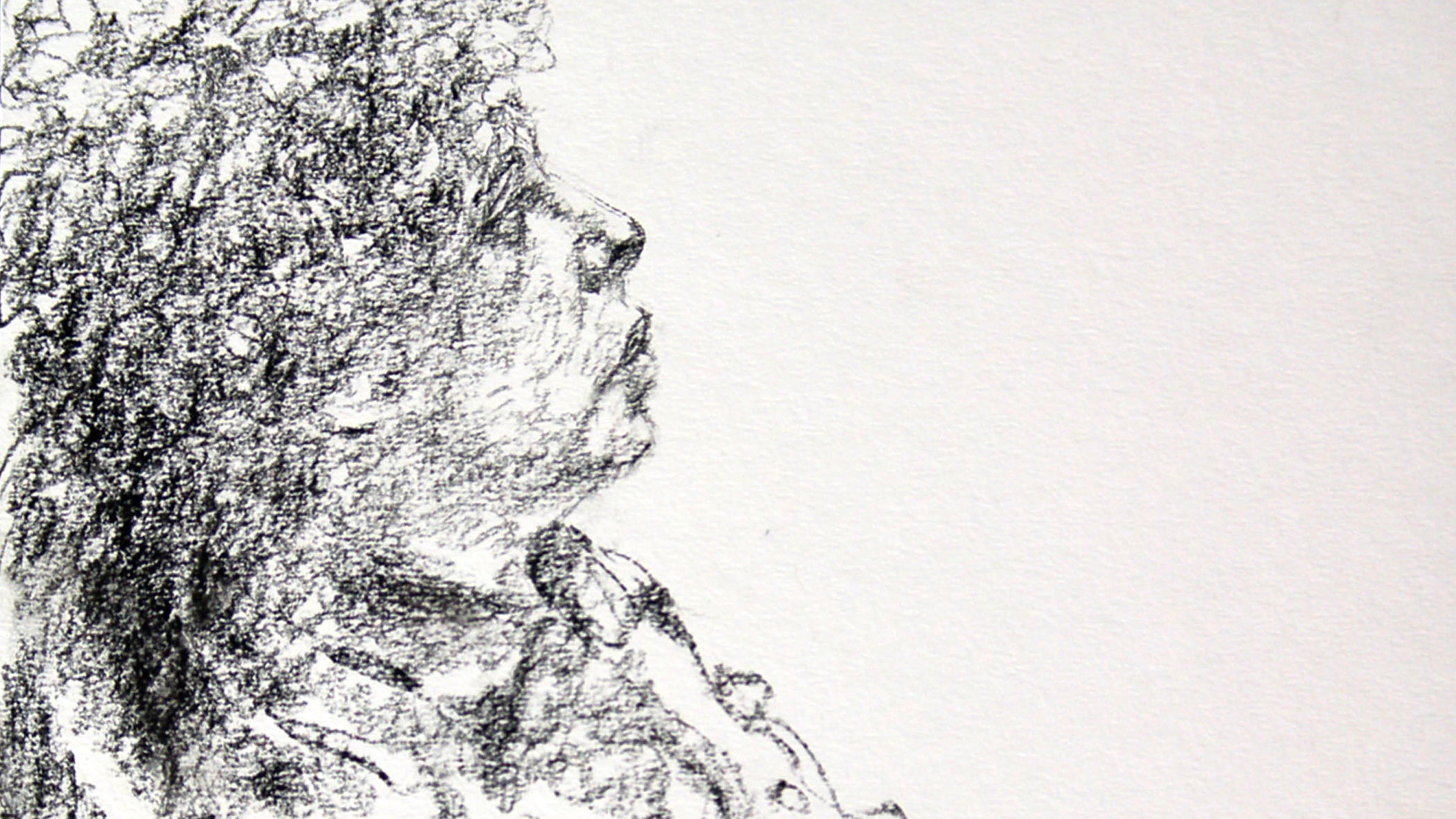 Charcoal sketch of a person with curly hair sitting in profile, gazing upwards.