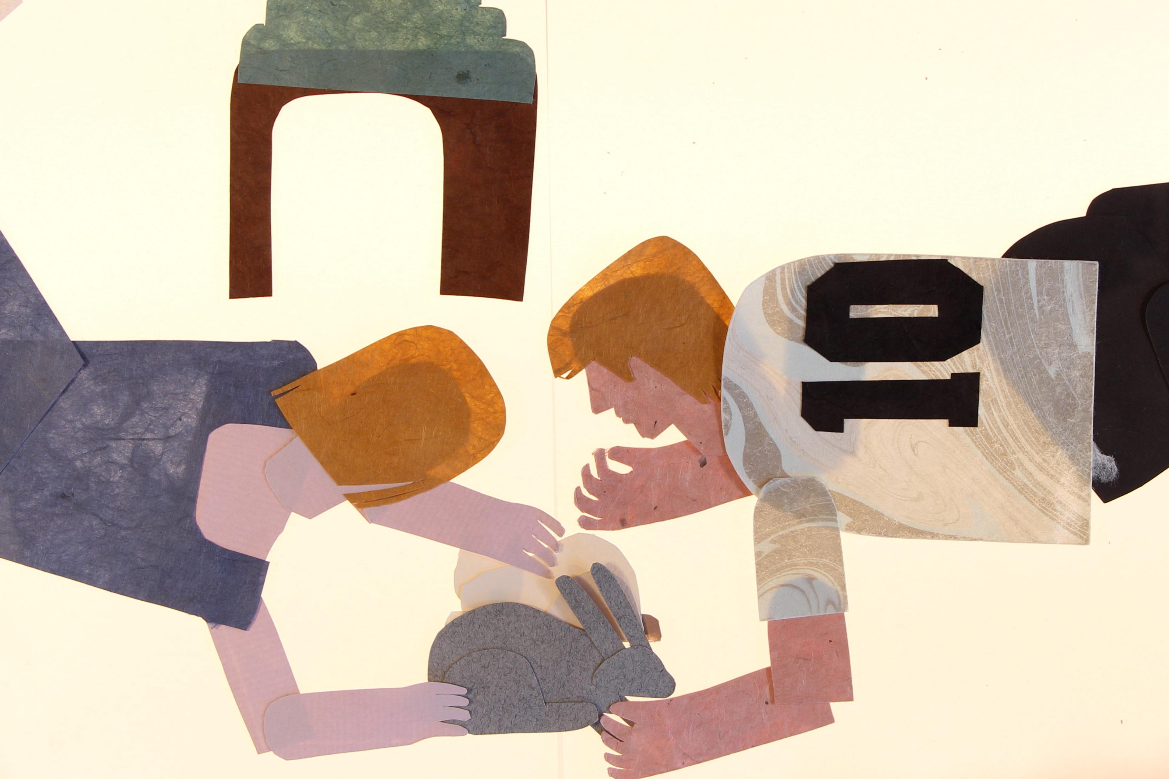 Paper collage of a man and a woman lying on the floor petting a grey rabbit and a white cat with a small table in the background.