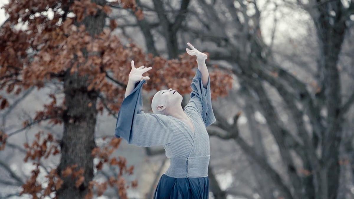 Photo of a person in a flowing robe dancing outside, arms raised, with bare trees and brown leaves in the background.