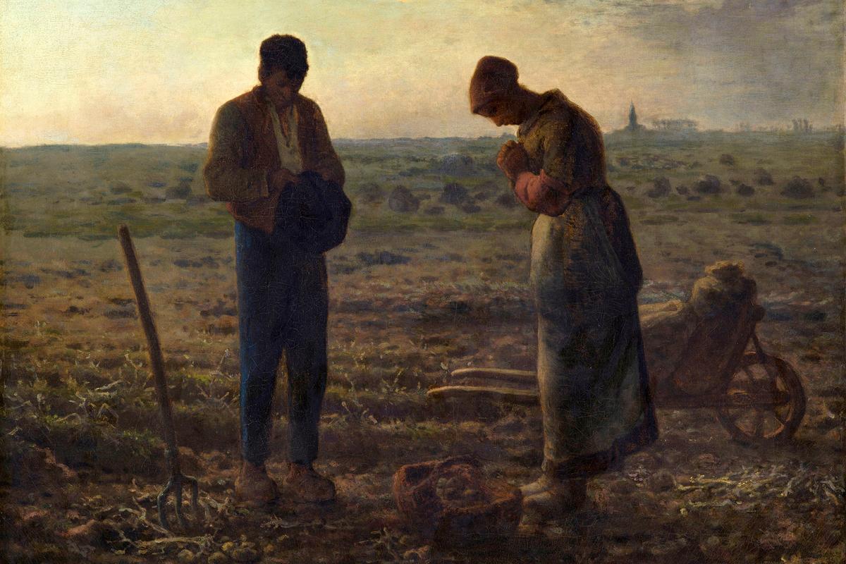 Painting of two figures praying in a field at dusk with a pitchfork and wheelbarrow nearby, evoking a serene, rural setting.