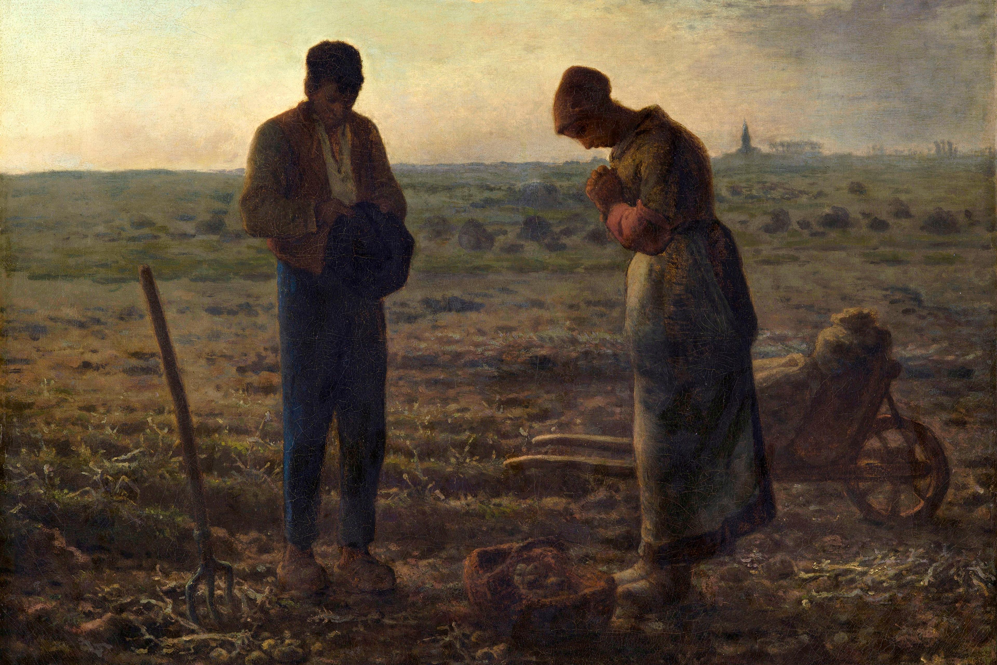 Painting of two figures praying in a field at dusk with a pitchfork and wheelbarrow nearby, evoking a serene, rural setting.