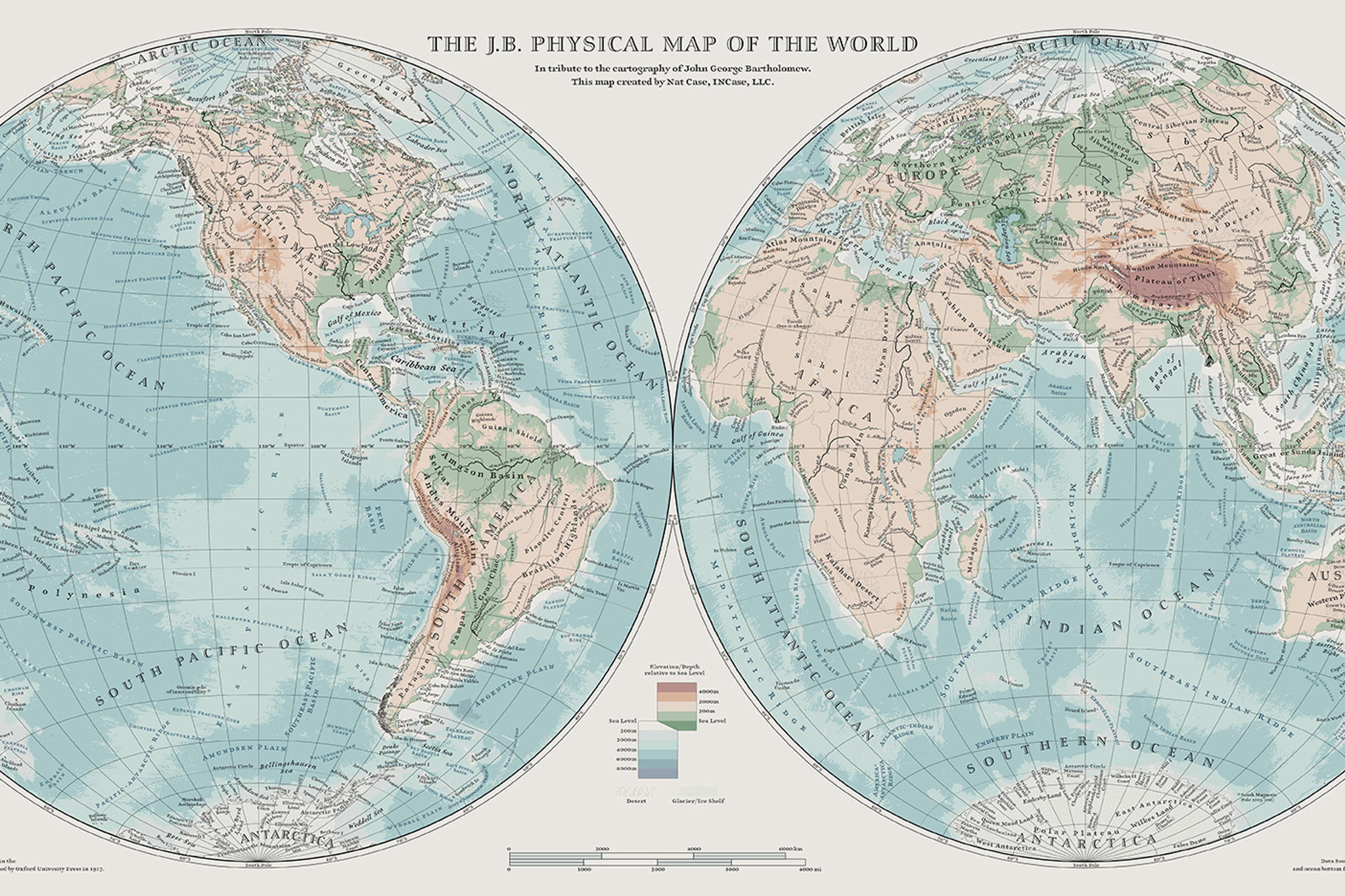 World map illustration showing physical geography with oceans, continents and elevation.