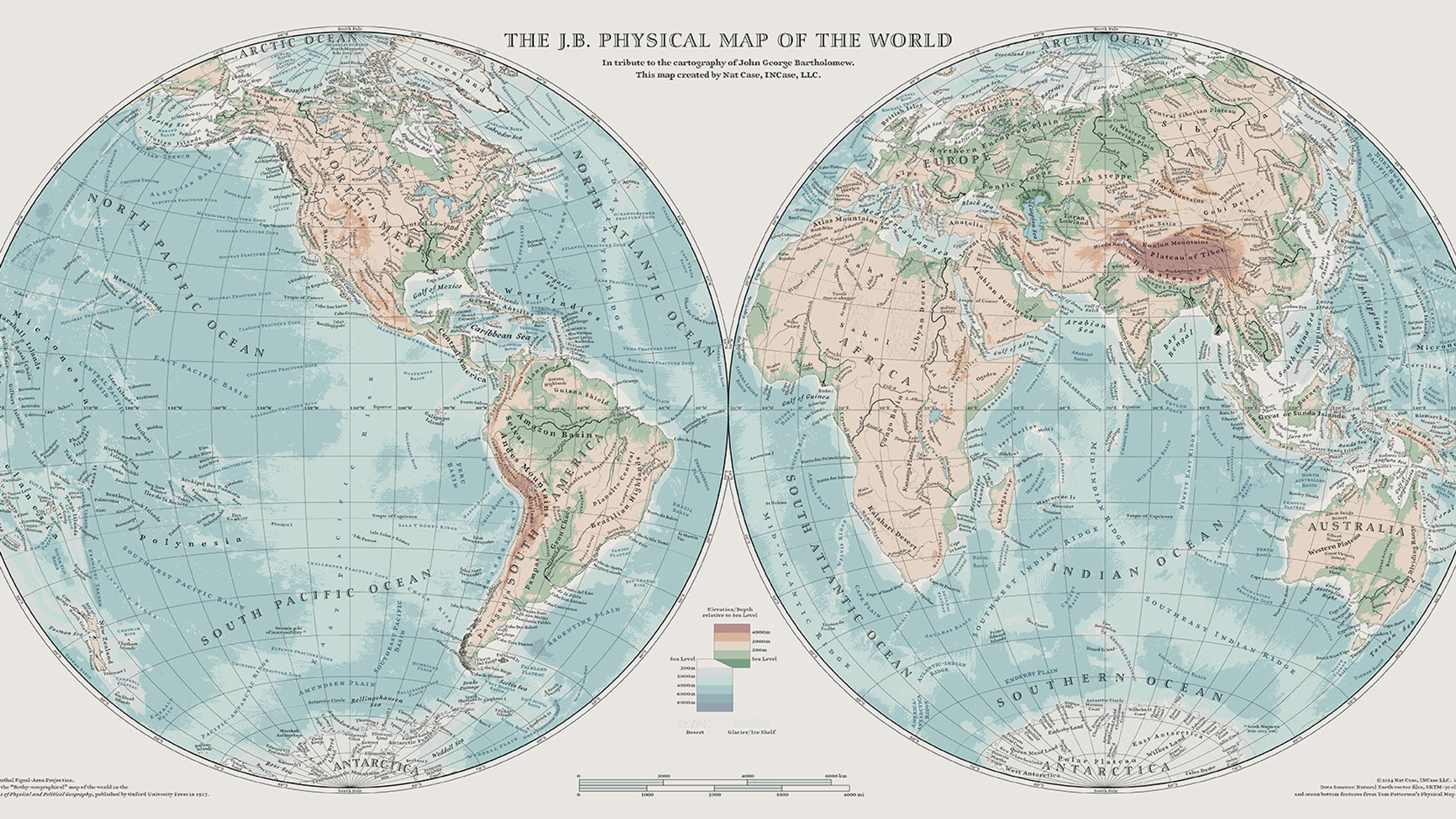 World map illustration showing physical geography with oceans, continents and elevation.