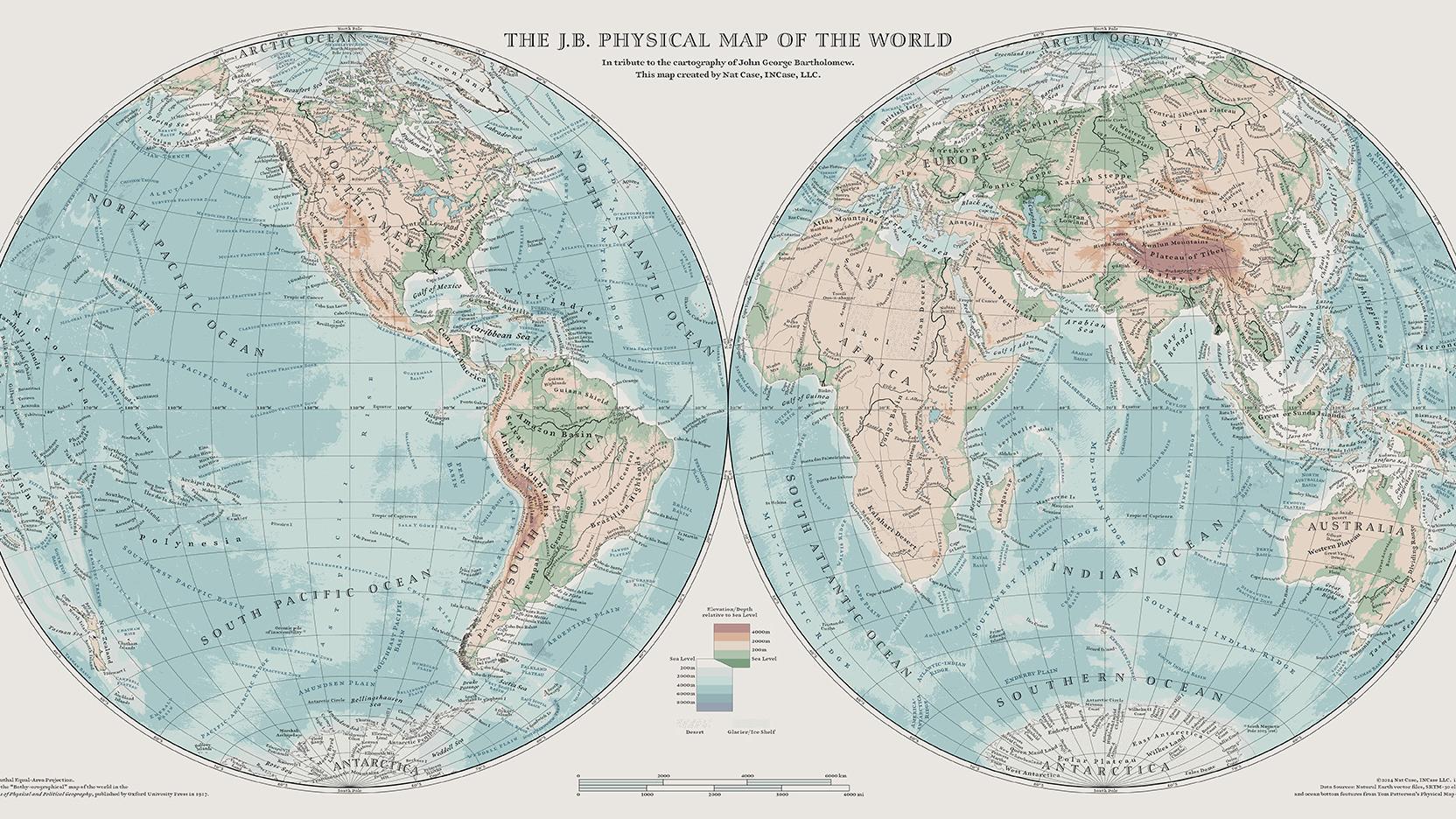 World map illustration showing physical geography with oceans, continents and elevation.