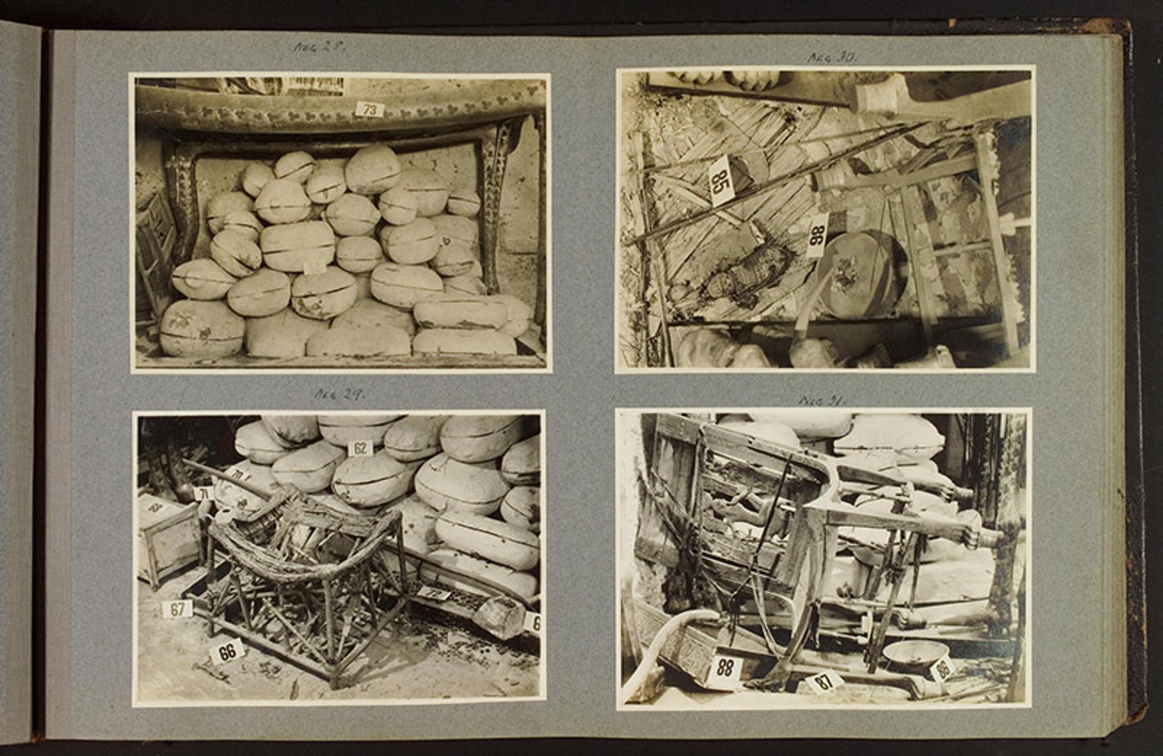 A photo collage of four images showing stacked bags and damaged furniture labelled with numbers on a greyish background.
