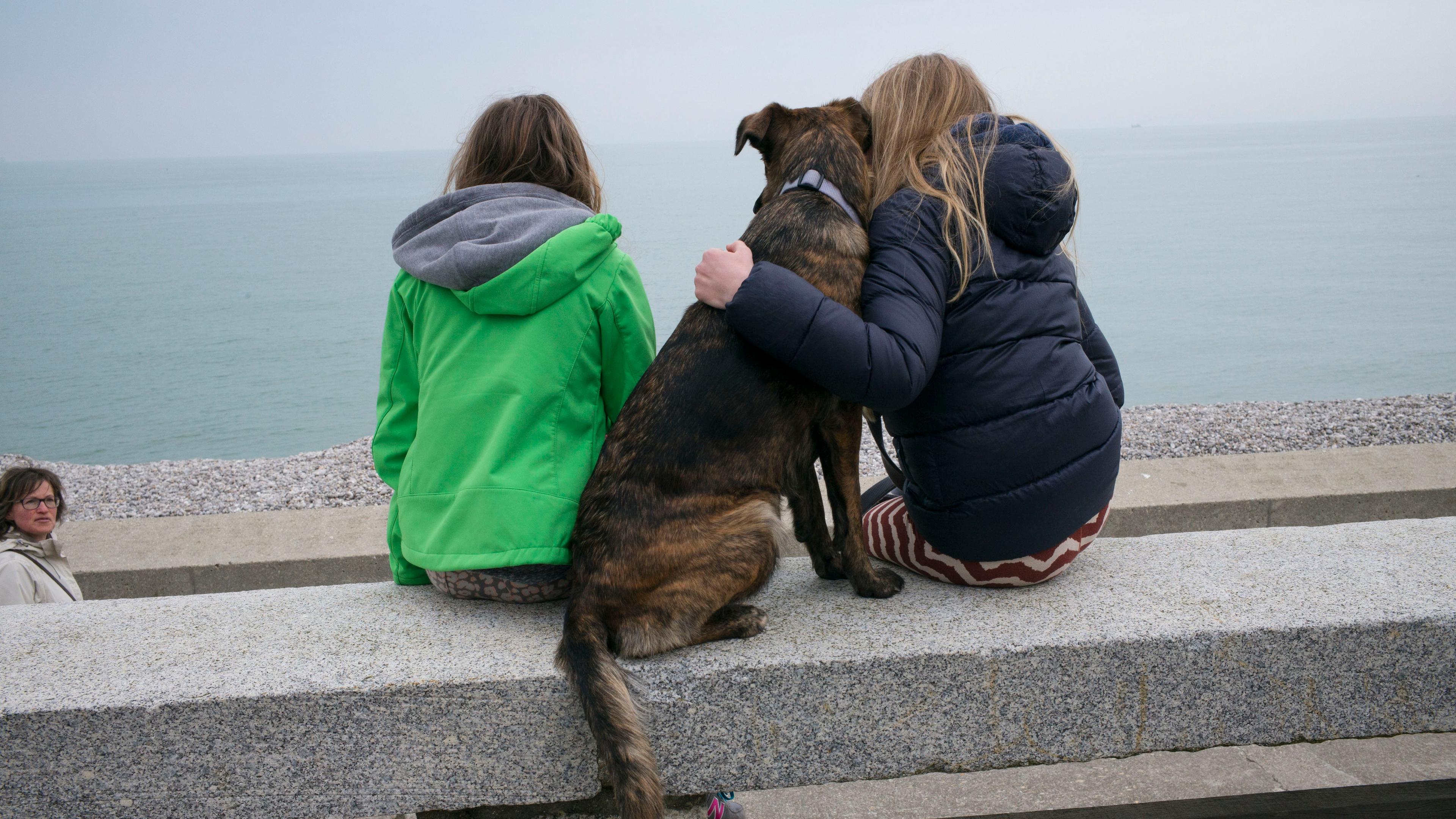 Photo of two people and a dog sitting on a stone bench facing the sea on a cloudy day with another person nearby.