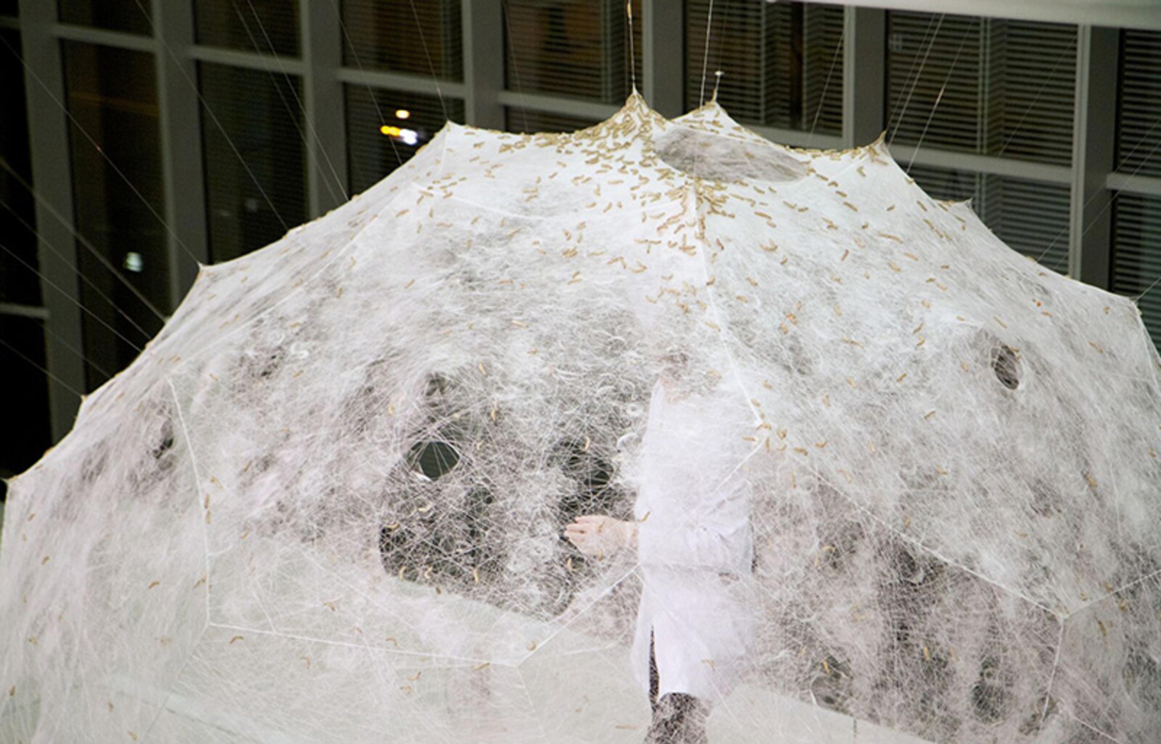 A person standing inside a large, intricate spider-web-like structure, possibly an art installation, in a modern indoor space.