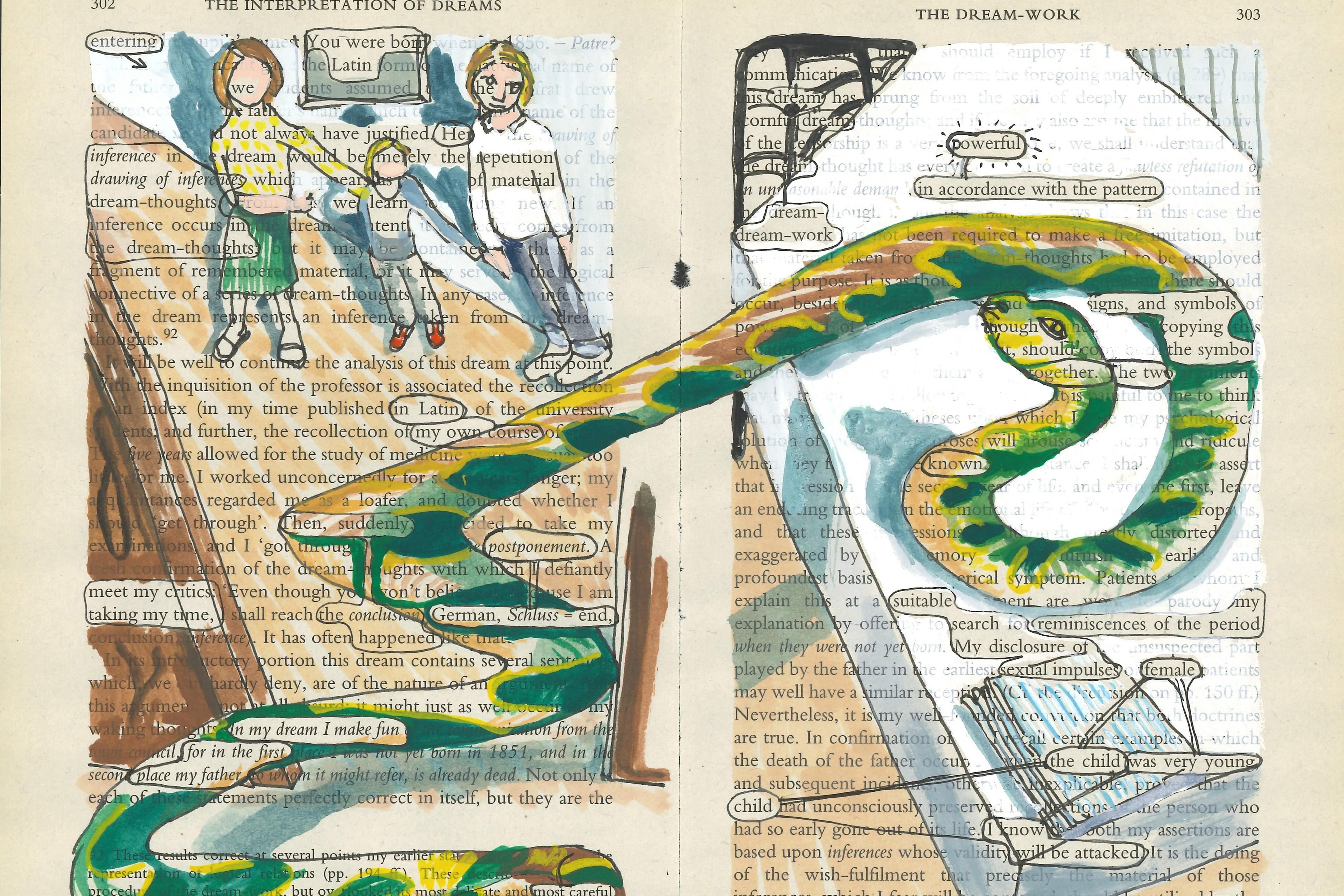 Mixed media artwork on book pages with painted figures and snake overlapping text. Pages titled “The Interpretation of Dreams.”