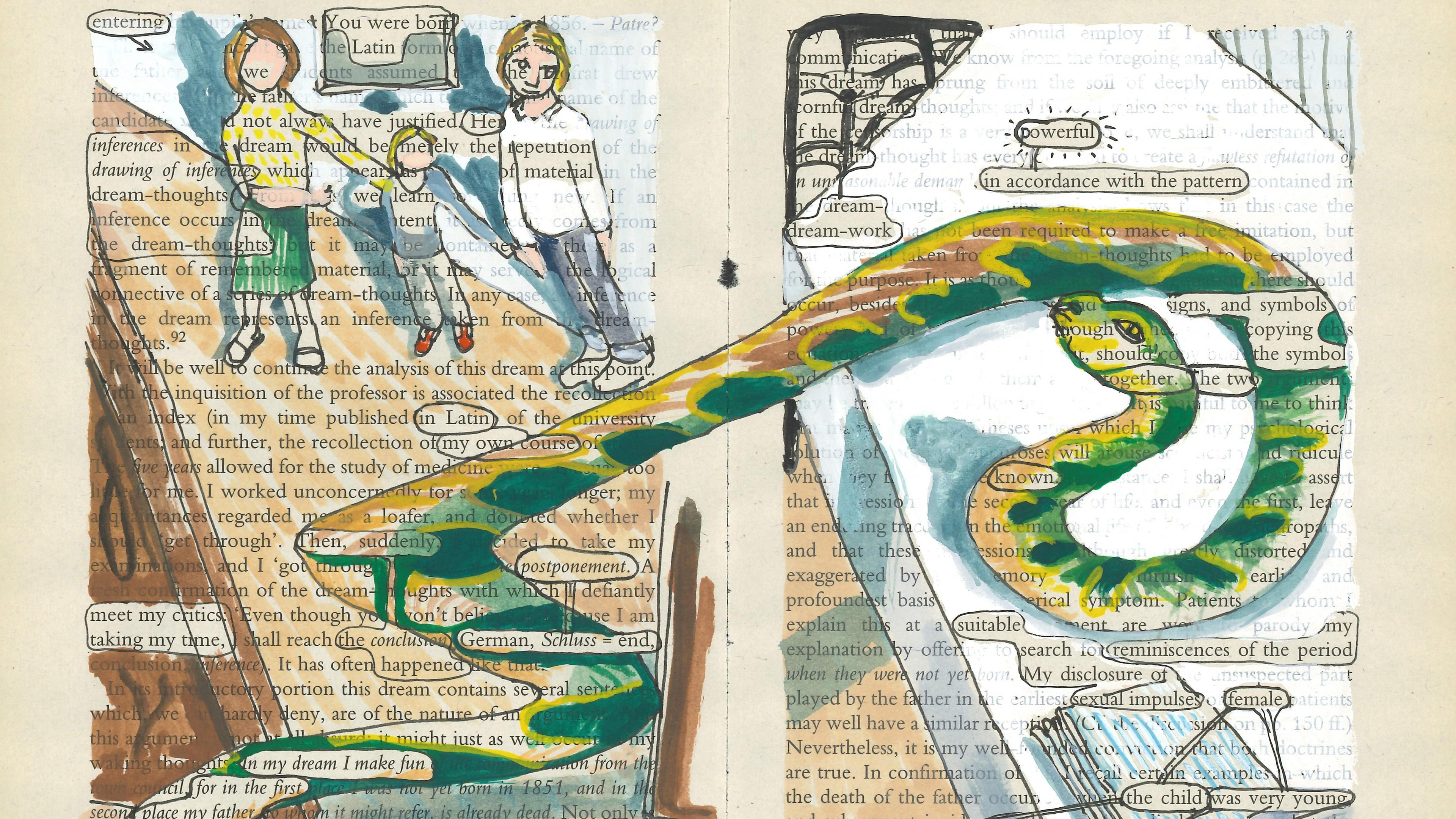 Mixed media artwork on book pages with painted figures and snake overlapping text. Pages titled “The Interpretation of Dreams.”
