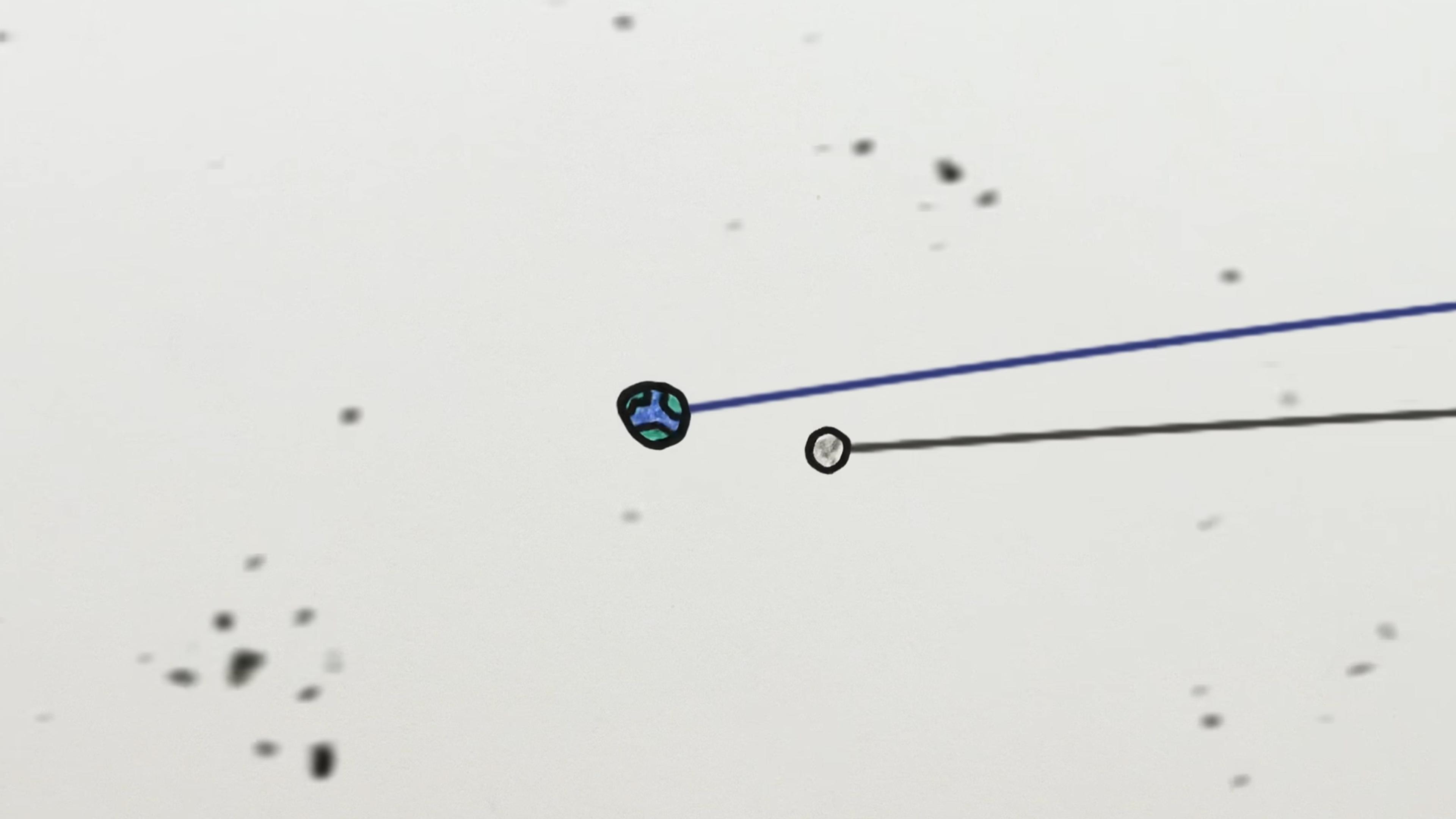 Drawing of Earth and the Moon in orbit with straight lines trailing off each on a white background with grey specks.