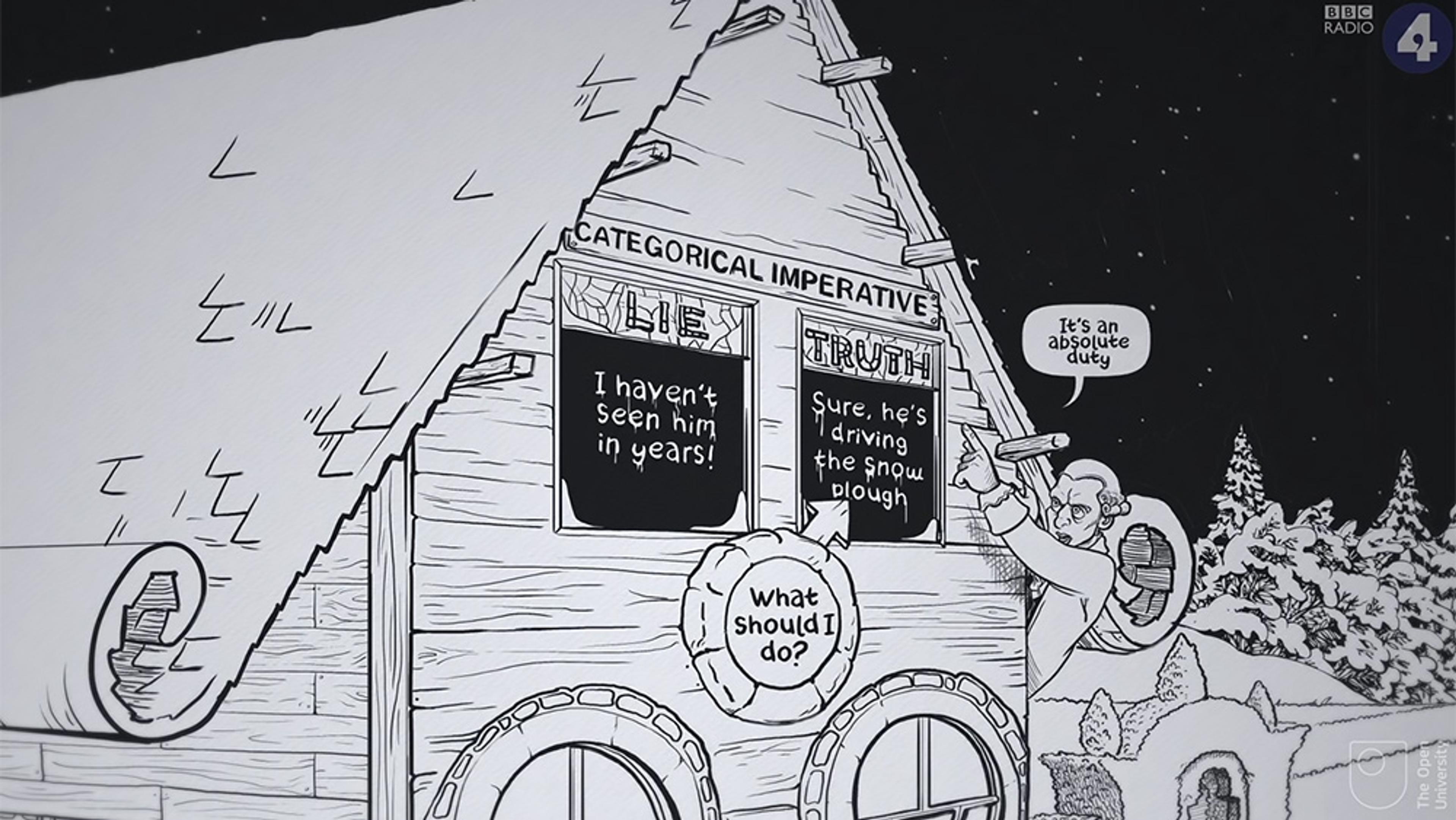 Black and white cartoon illustration of a man at a log cabin with signs for ‘lie’ and ‘truth’, captioned “What should I do?” in snow.