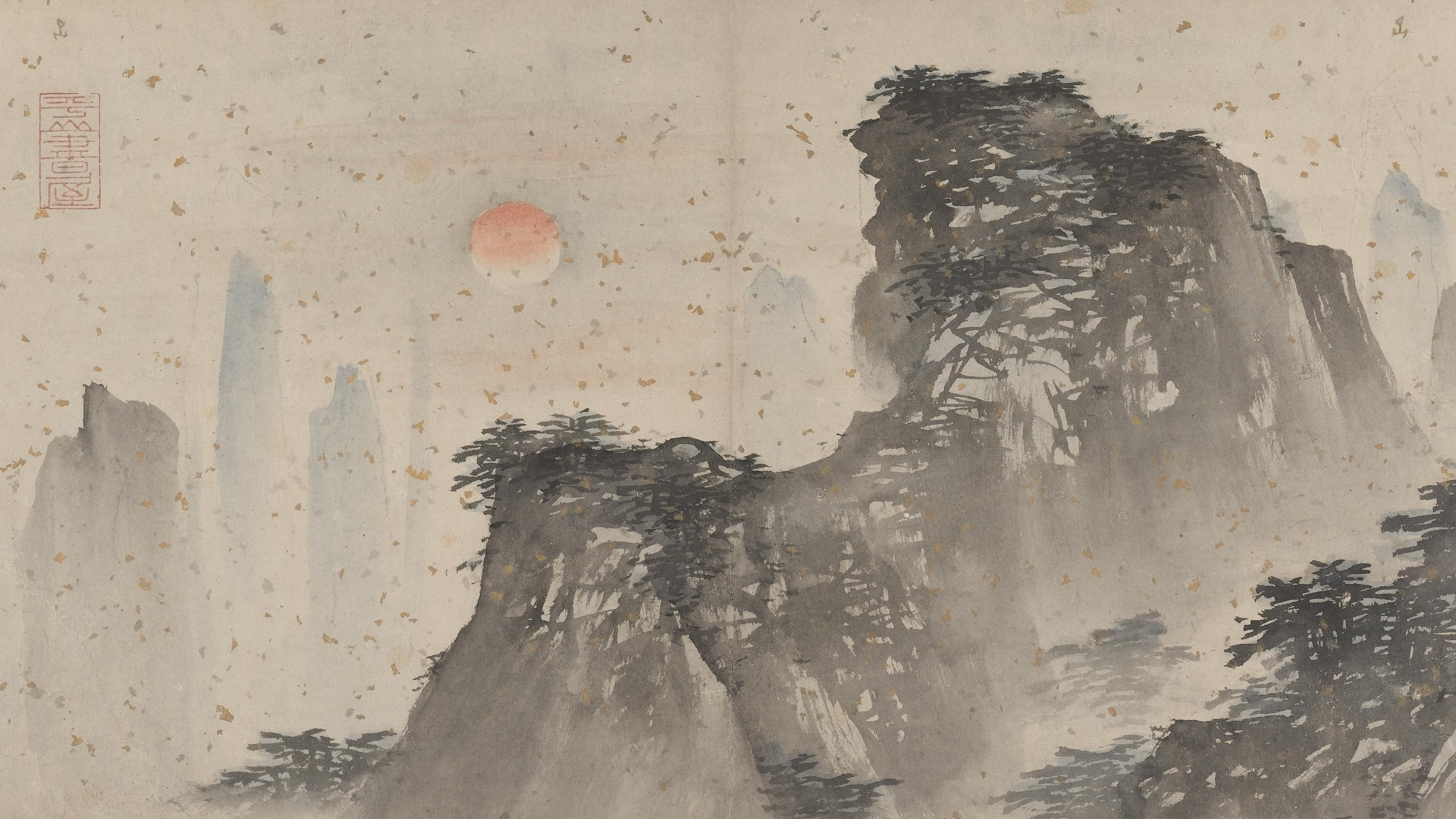 Ink painting of misty mountains with pine trees and an orange sun in the sky; grey and subtle colours dominate the scene.