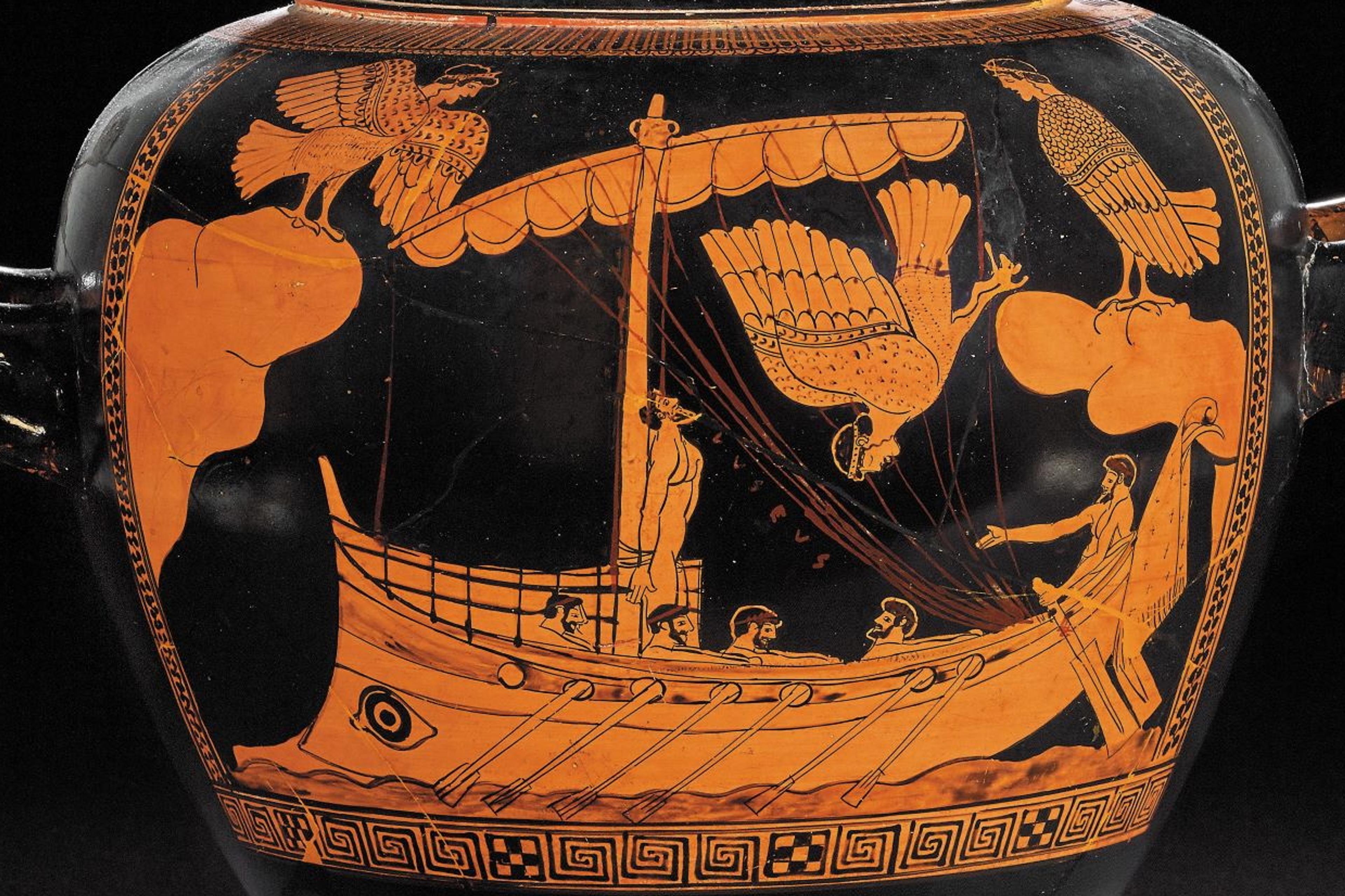 Ancient Greek vase with red figure painting depicting a ship and mythological scene against a black background.